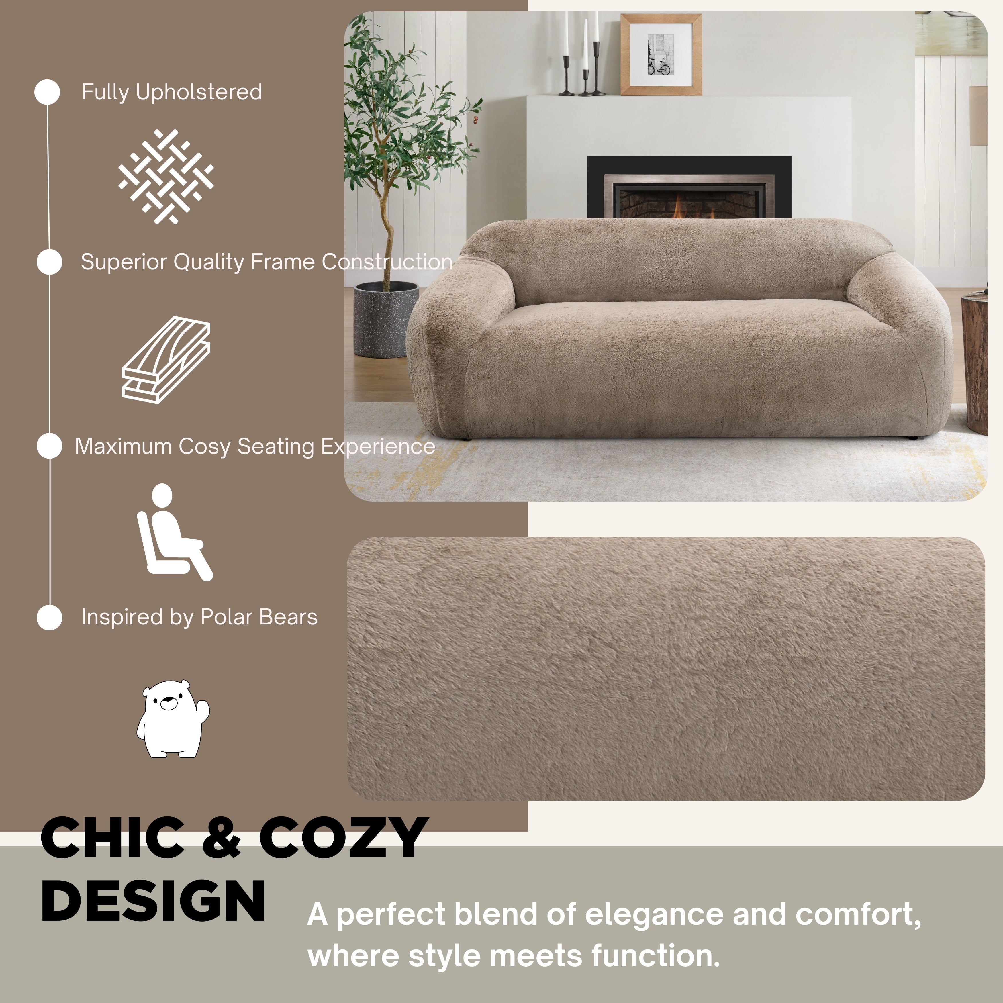 Roundhill Furniture Adell Polar Bear Faux Fur Upholstered Sofa - Luxurious White Plush Fabric Living Room Couch for Cozy Home & Winter Decor