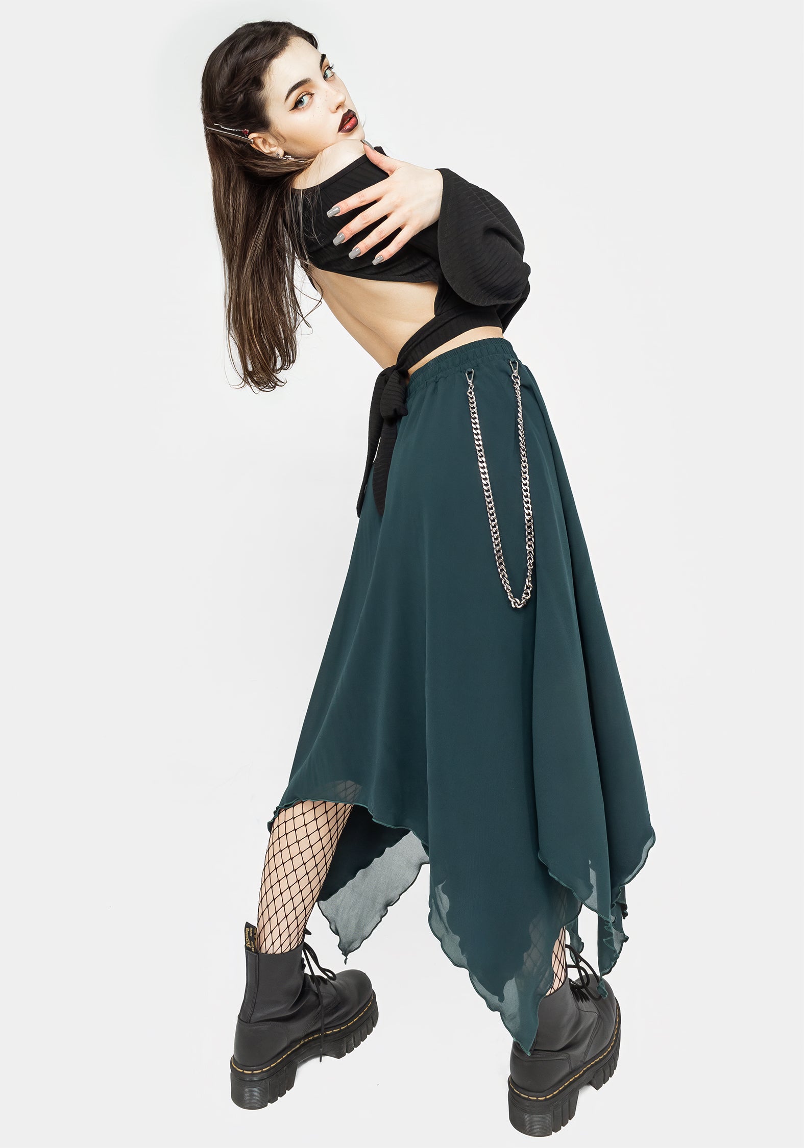 Levitate Chain Detail Midi Skirt - Women's Green Flowy Skirt for Casual Wear, Office & Party Outfits | Perfect for Spring & Summer Fashion