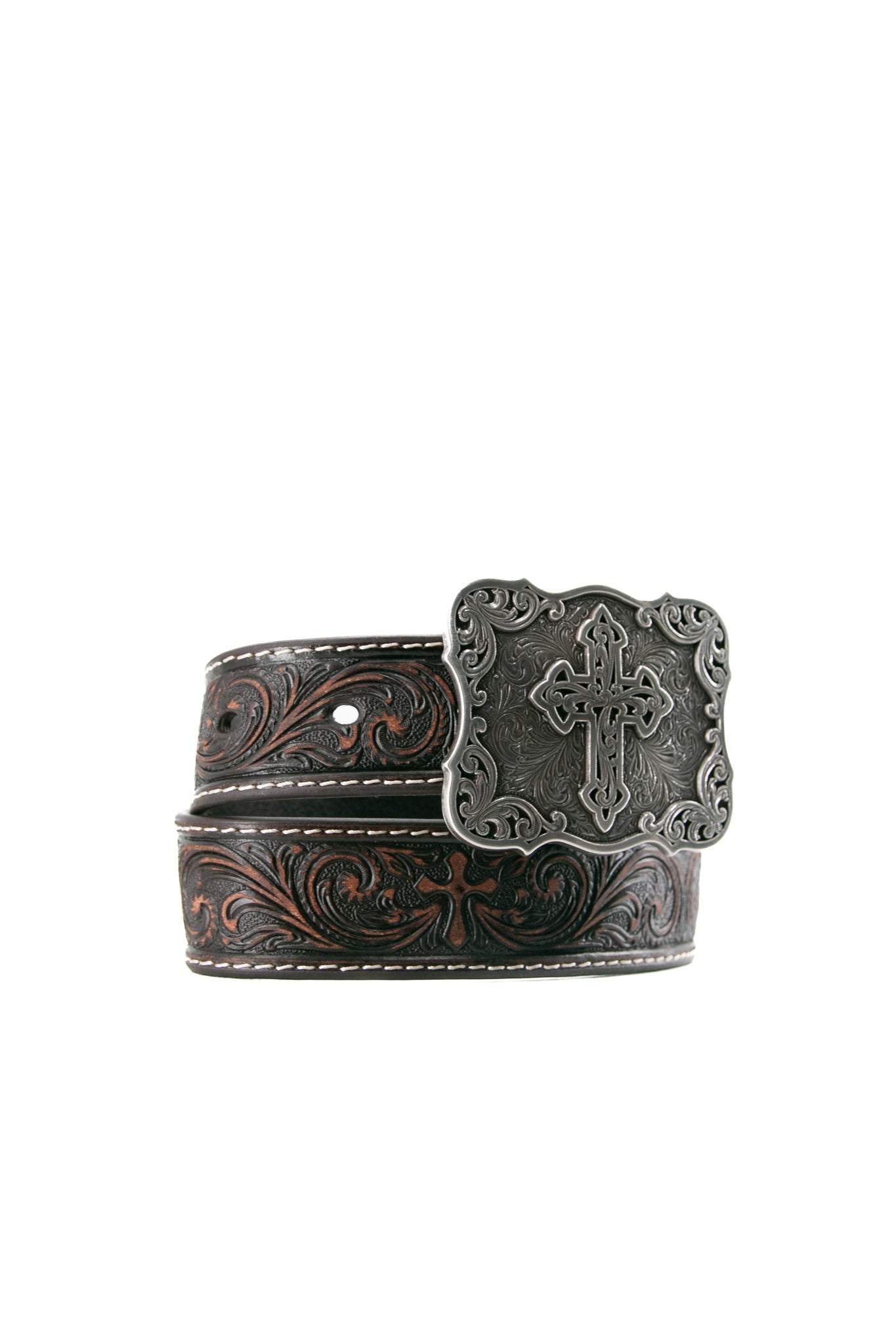 Nocona Girls Embossed Cross Brown Leather Belt for Kids | Western Style Fashion Accessory for School, Church & Special Occasions