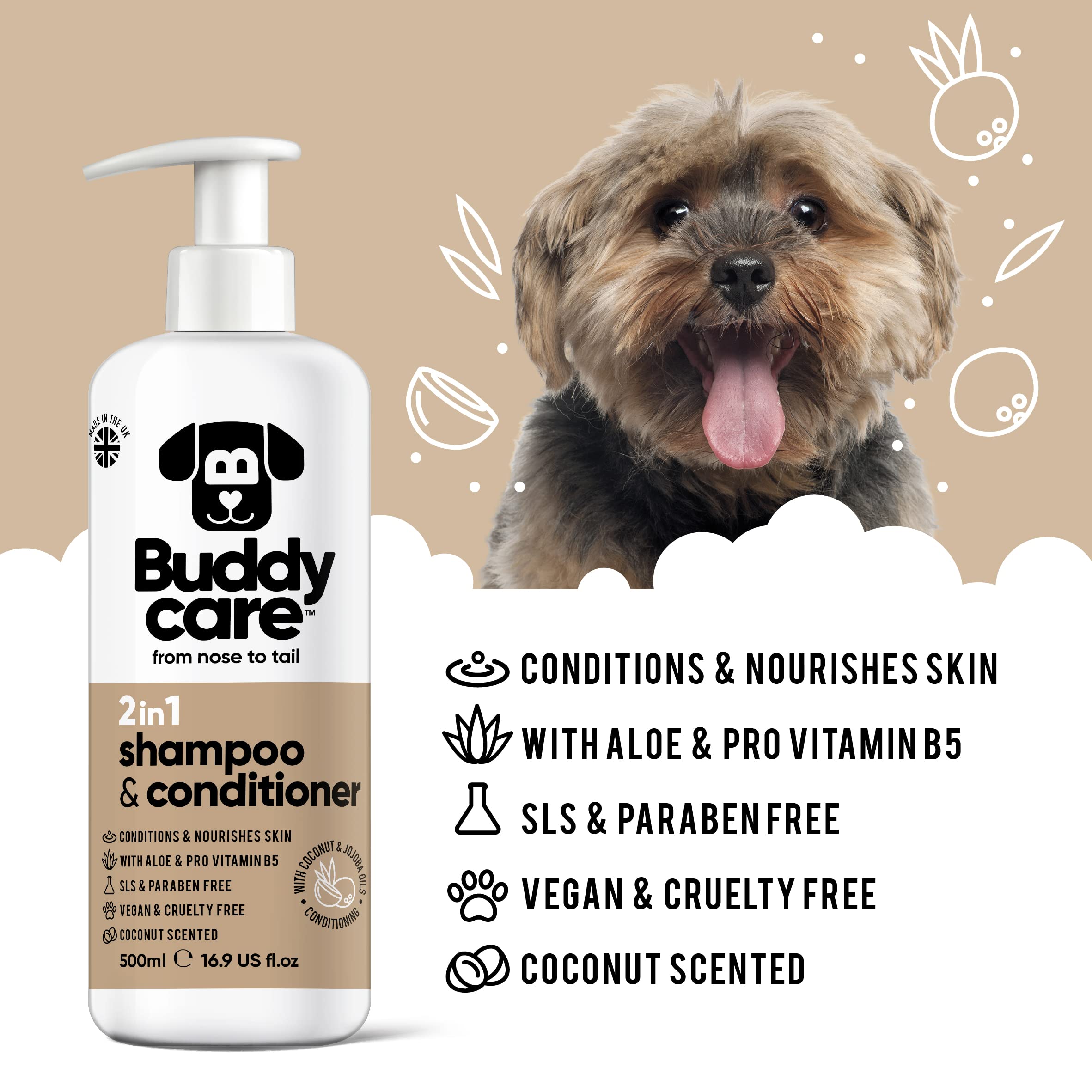 **Buddycare 2-in-1 Dog Shampoo & Conditioner with Coconut Scent, Aloe Vera & Pro Vitamin B5 – 500ml for Soft, Healthy Coat – Perfect for Bathing & Grooming at Home**