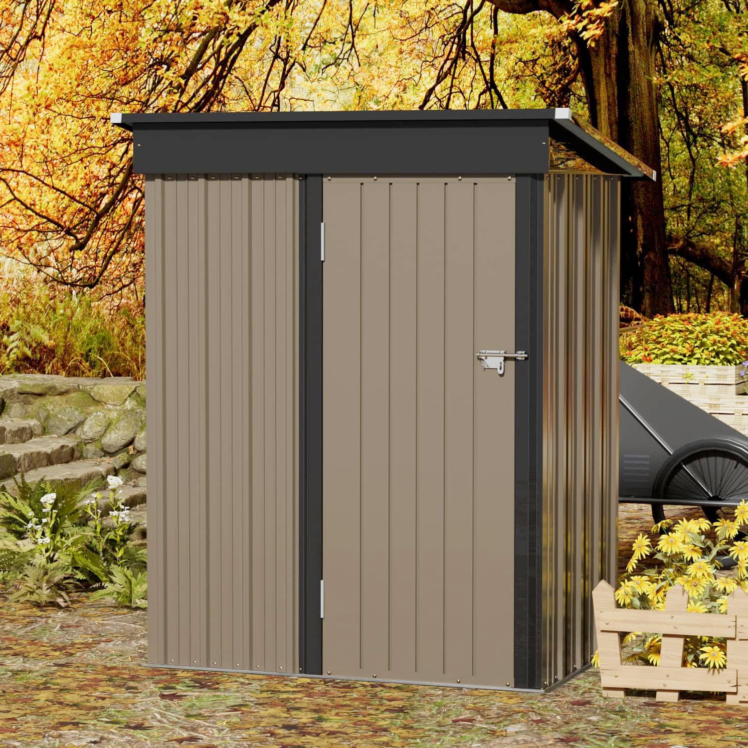 JUMMICO 5x3 FT Outdoor Metal Storage Shed with Lockable Door - Waterproof Garden Tool Shed for Backyard, Patio & Lawn (Brown) | Perfect for Storing Lawn Mowers, Bikes & Gardening Equipment
