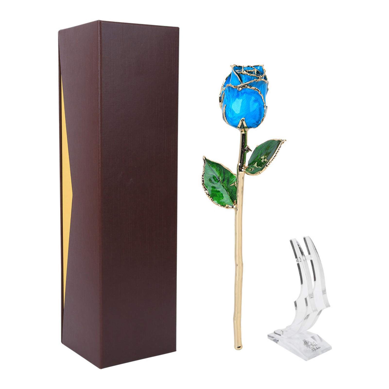 24K Gold Dipped Real Rose in Azure - Eternal Blooming Long Stem Rose with Base, Perfect Gift for Mother's Day, Valentine's Day & Anniversaries - Romantic Home Decor & Luxury Gift Idea