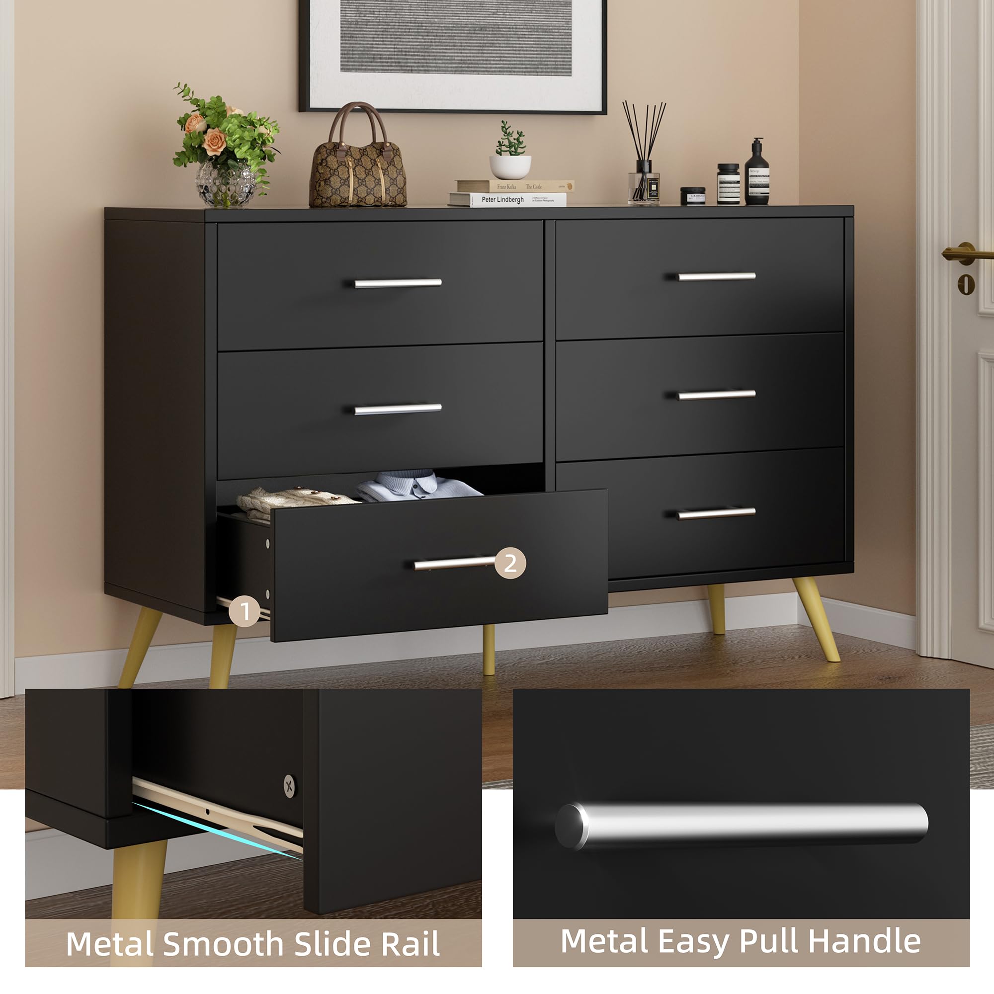 Shintenchi 6-Drawer Dresser - Modern Wide Chest of Drawers with Large Storage, Black Organizer Cabinet for Bedroom, Living Room & Porch | Perfect for Clothes, Toys & Home Organization