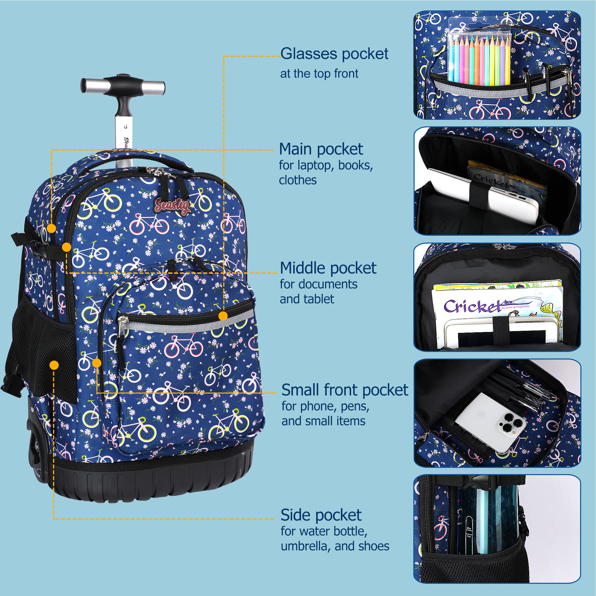 Seastig 18in Rolling Backpack with Wheels - Wheeled Laptop Backpack for Adults & Kids, Includes Lunch Bag & Pencil Case Set (Ideal for School, Travel, Work & Commuting)