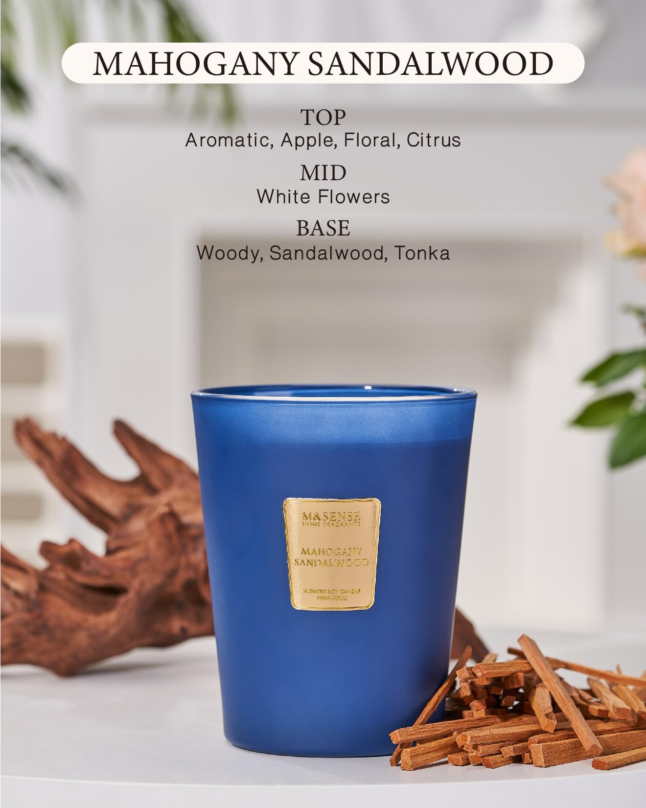 **M&SENSE Mahogany Sandalwood Scented Candles – 35oz Extra Large 3-Wick Natural Soy Candle, 150 Hours Long-Lasting & Clean Burning, Glass Jar Home Fragrance – Perfect for Relaxation, Gifts for Women & Men**    *(Use Scenes: Ideal for living rooms, bedrooms, yoga spaces, and romantic dinners – creates a warm, soothing ambiance.)*
