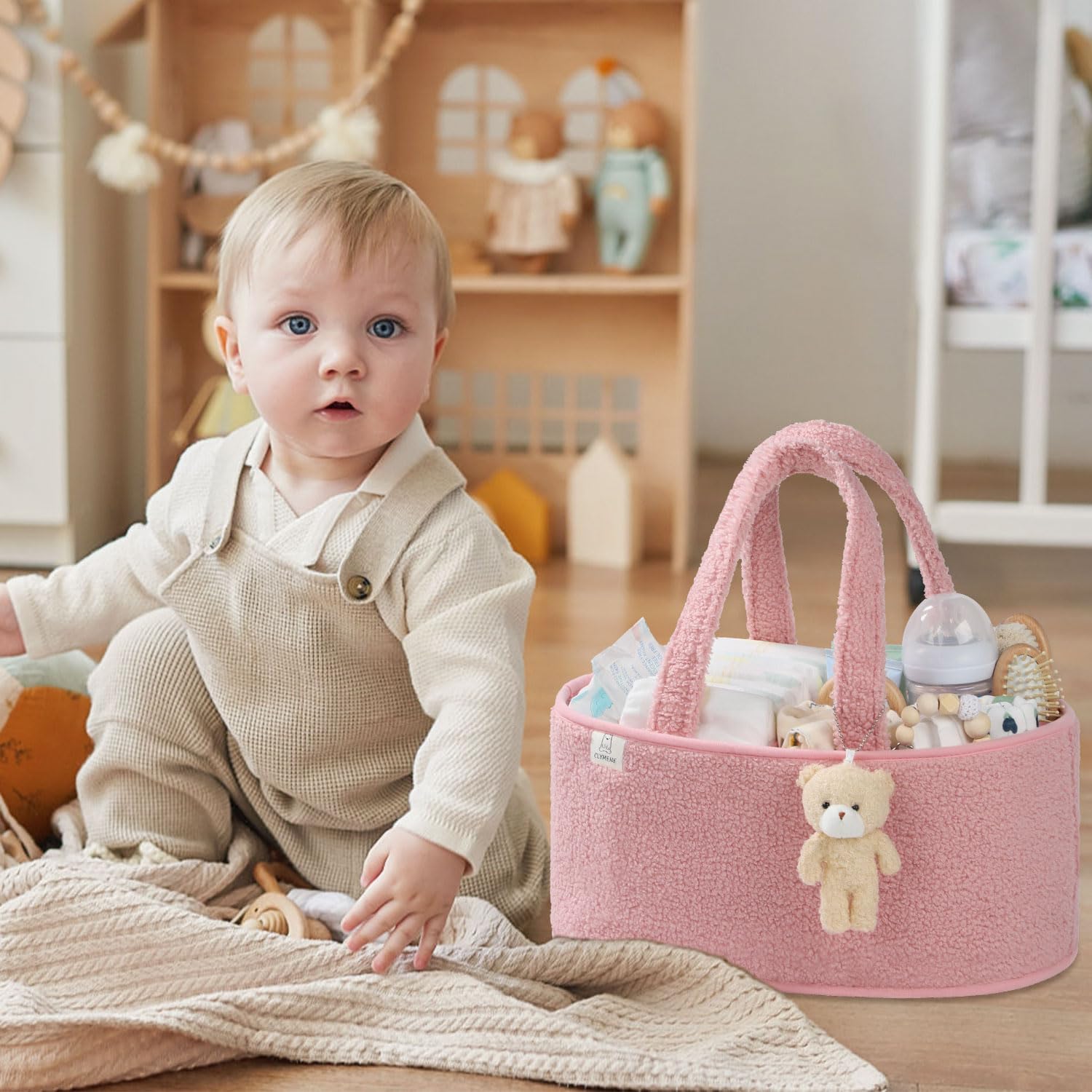 CLYMENE Baby Diaper Caddy Organizer - Portable Nursery Storage Basket for Diapers, Wipes & Baby Essentials | Newborn Changing Table Must-Have | Perfect Baby Shower Gift & Registry Item | Travel Diaper Tote Bag for Car & Home Use - Powder Pink | Ideal for Nursery Organization & On-the-Go Parents