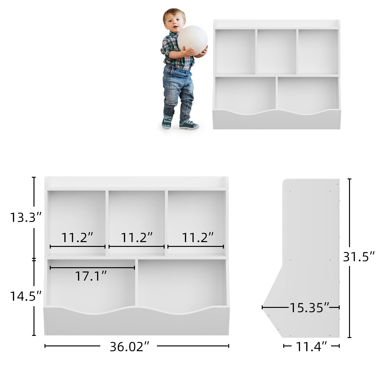 GAOMON Kids Bookcase with Toy Storage - 5-Tier Bookshelf Organizer for Boys & Girls, White Nursery & Playroom Furniture - Perfect for Bedrooms, Classrooms, Daycare Centers & Kindergarten Storage