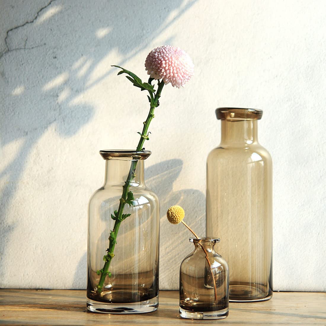 Amber Glass Bottle Vase - Handcrafted Decorative Vase for Home Decor, Farmhouse Style, Table Centerpiece - Perfect for Wedding, Dining Table, Living Room Decor