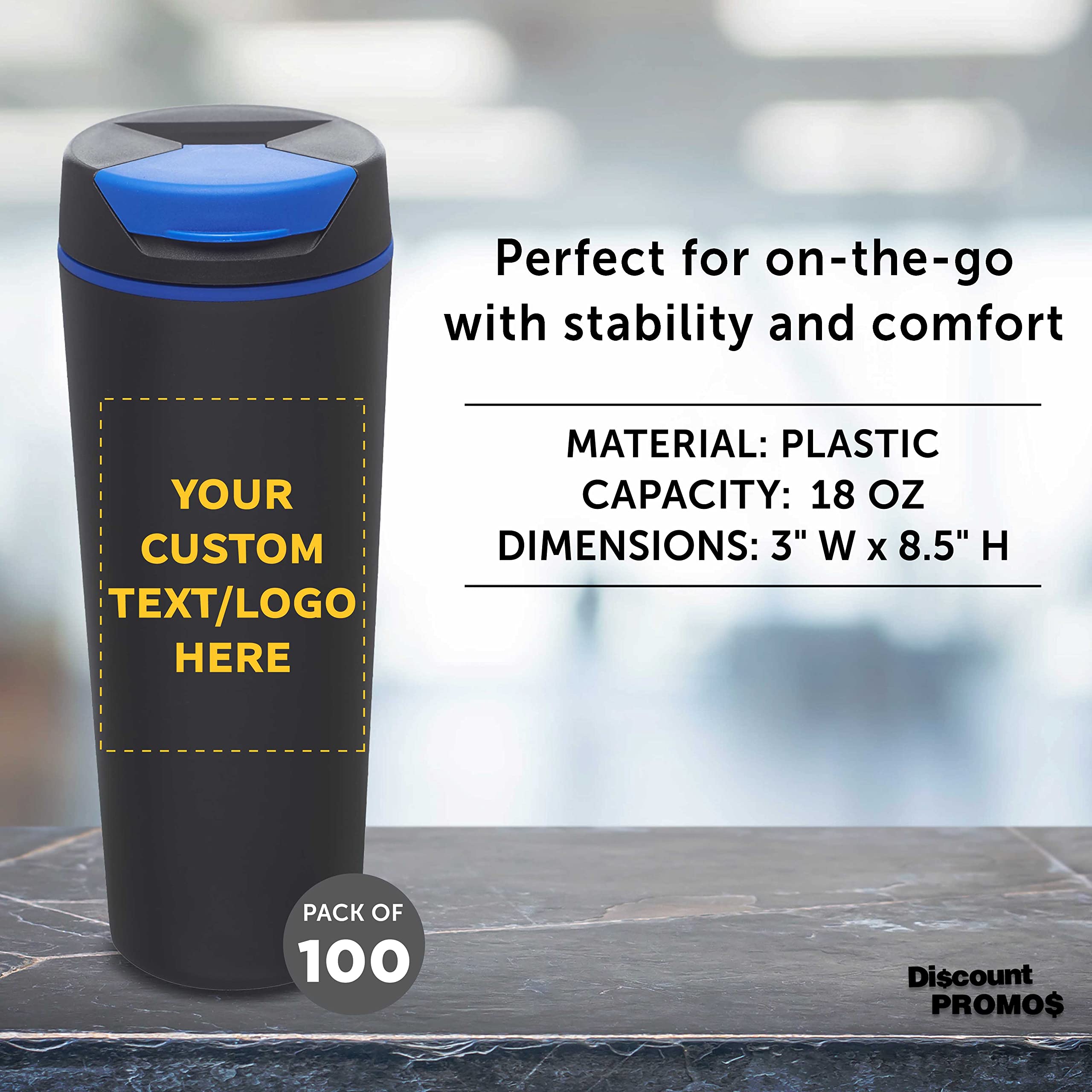 Custom Double Wall Insulated Plastic Travel Mugs 18oz (100-Pack) - Personalized Bulk Coffee Cups for Hot & Cold Beverages - Black & Blue - Perfect for Office, Events, Restaurants & Coffee Shops