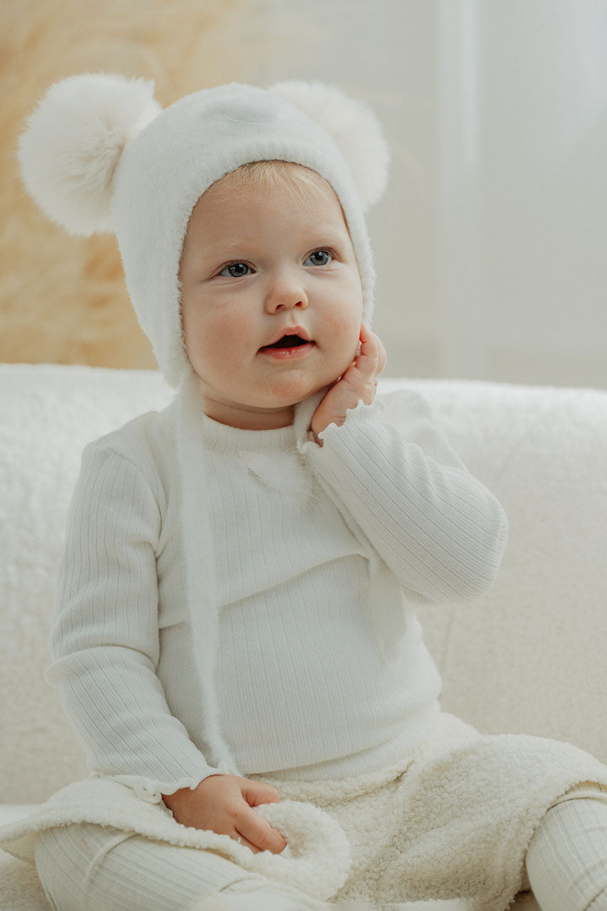 Soft Ivory Cashmere Bear Pom Pom Hat - Cozy Winter Beanie for Women & Girls - Perfect for Cold Weather, Outdoor Activities & Fashion Accessories