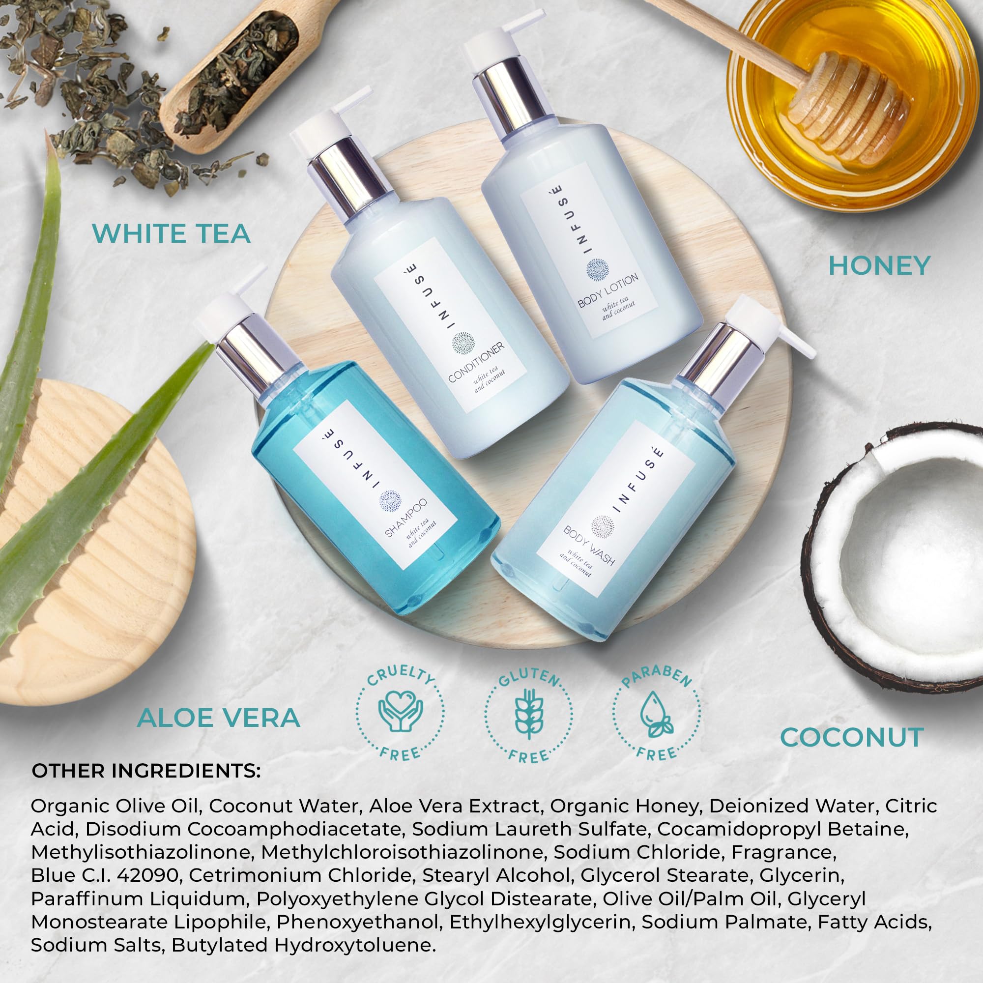 1-Shoppe Infuse 4 Piece Ecobox All-In-Kit | White Tea & Coconut Scented Soap, Shampoo, Conditioner, Body Wash & Lotion Set | 10.14 oz Travel-Size Toiletries | Bulk Hotel Amenities & Personal Care Products for Home, Gym & Vacation Use