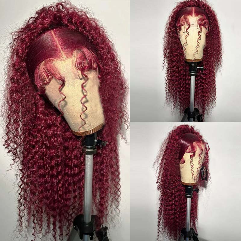**28inch Pre-Colored Human Hair Curly Wig - Burgundy/Brown/Highlight 13x4 Lace Frontal Wig | Natural Look & Heat Resistant | Perfect for Cosplay, Parties & Daily Wear**