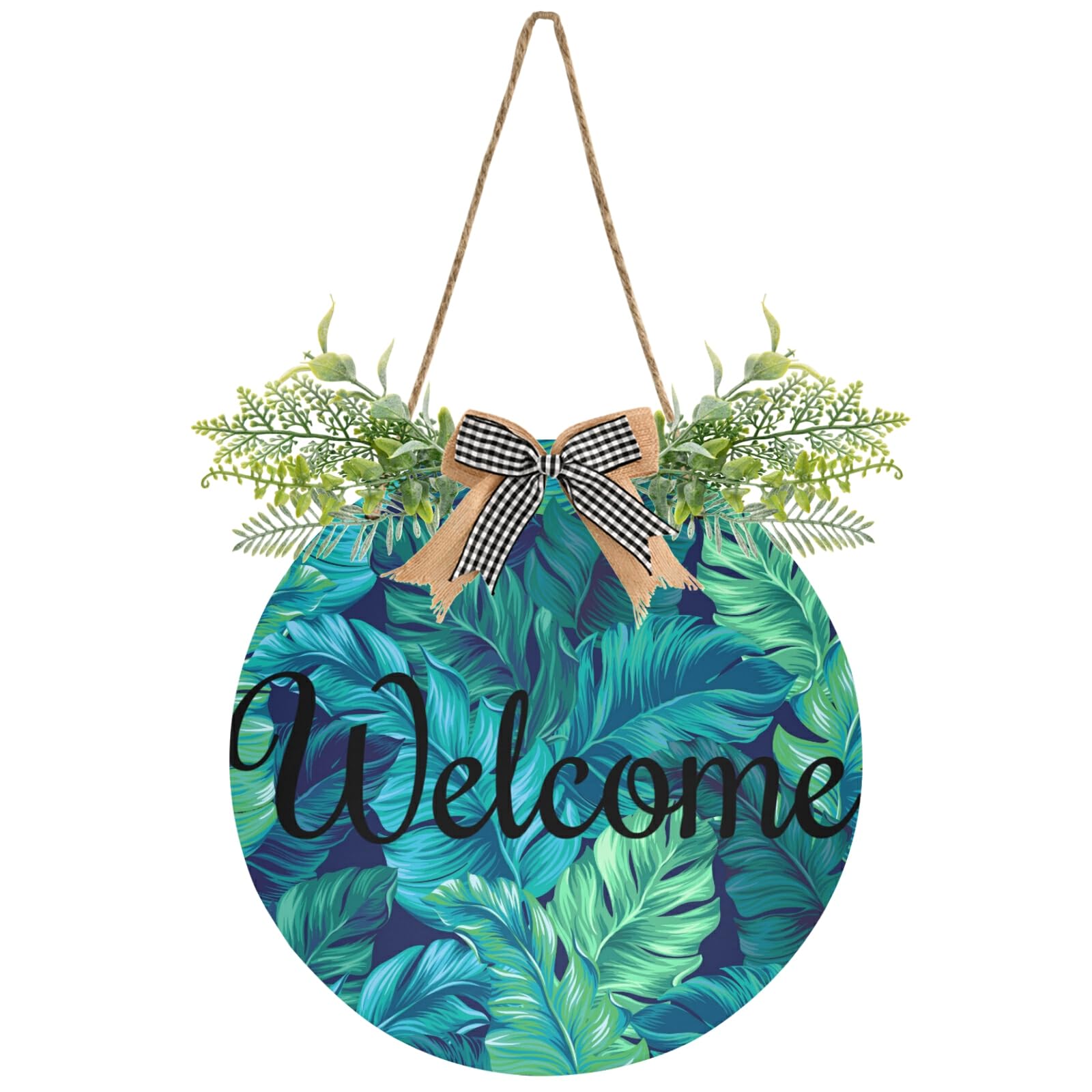 Tropical Palm Leaf Wreath Door Sign - Welcome Hanging Decor for Front Porch, Outdoor Christmas & Halloween Decorations - Perfect for Holiday Parties, Home Entryway & Seasonal Front Door Decor