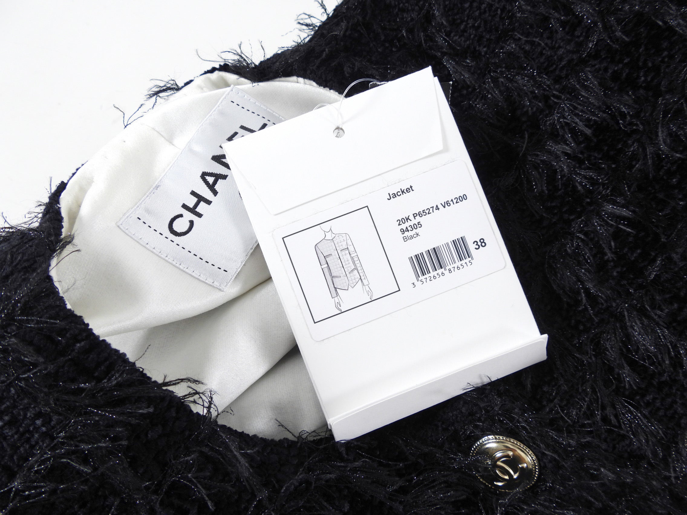 Chanel 20K Black Eyelash Tweed Jacket with White Satin Trim - Size FR38 | Luxury Designer Blazer for Women | Perfect for Evening Parties, Weddings & Special Occasions