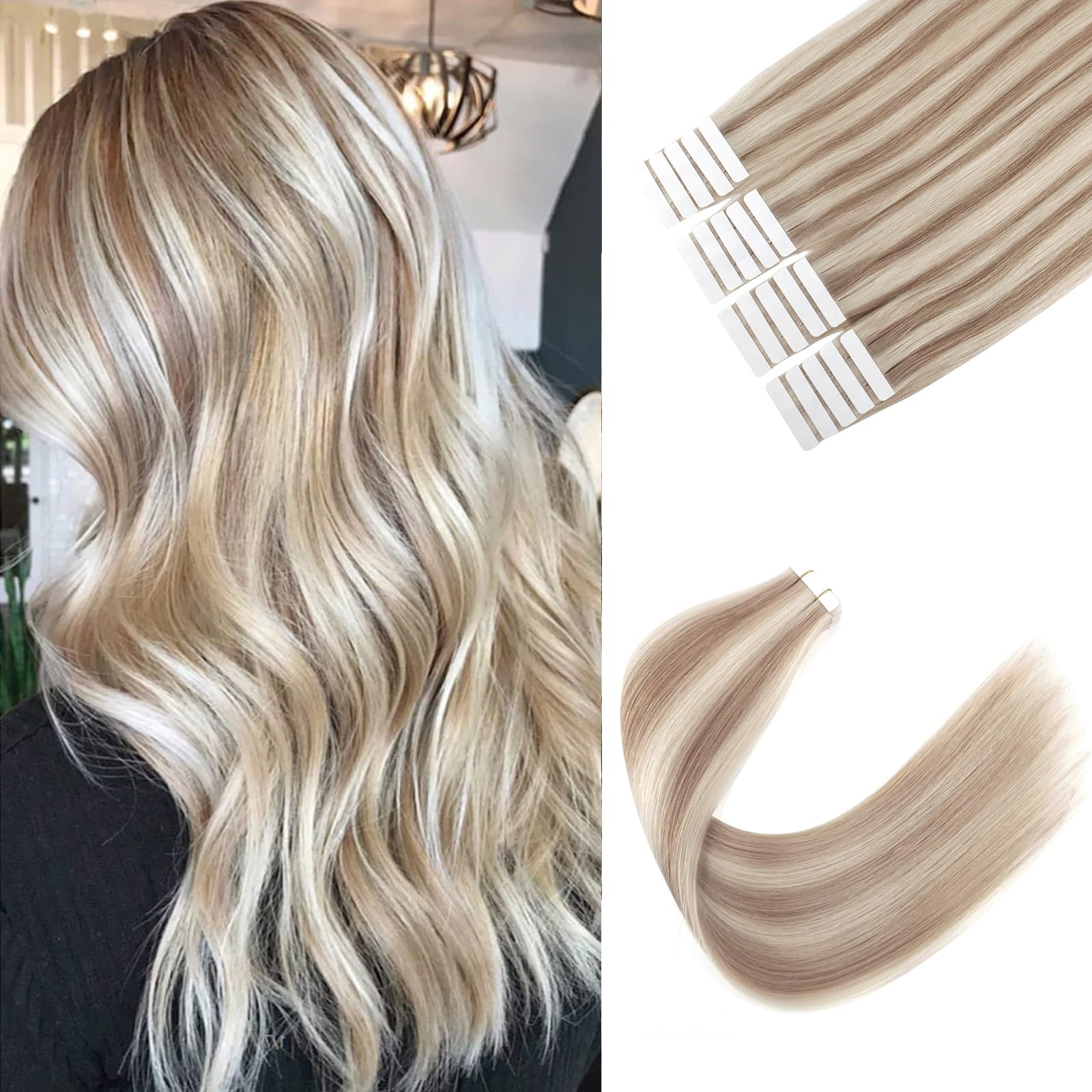 Sixstarhair 20-Piece Tape In Hair Extensions - Remy Human Hair, Highlight Color Swedish Blonde & Ash Piano, 50g/20 Pack (Color 20/60#, 20inch, 1.76oz) - Perfect for Volume, Length & Styling for Beautiful Girls