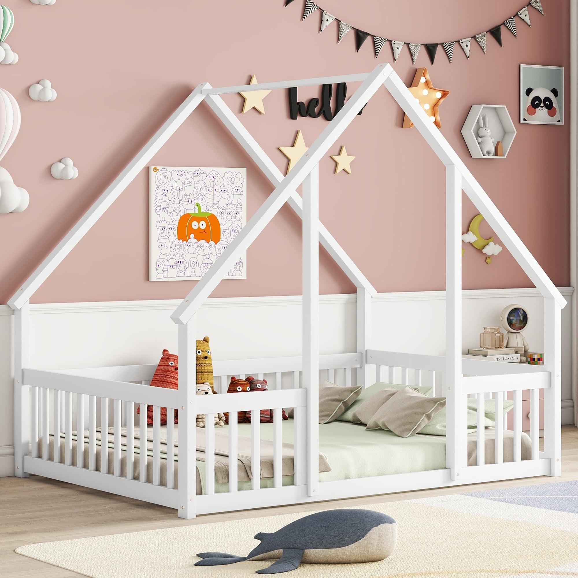 Bellemave Full Size Wooden House Floor Bed for Kids - Montessori Style Playhouse Bed Frame with Safety Fence for Boys & Girls - Perfect for Bedrooms, Playrooms and Montessori Learning Spaces (White)