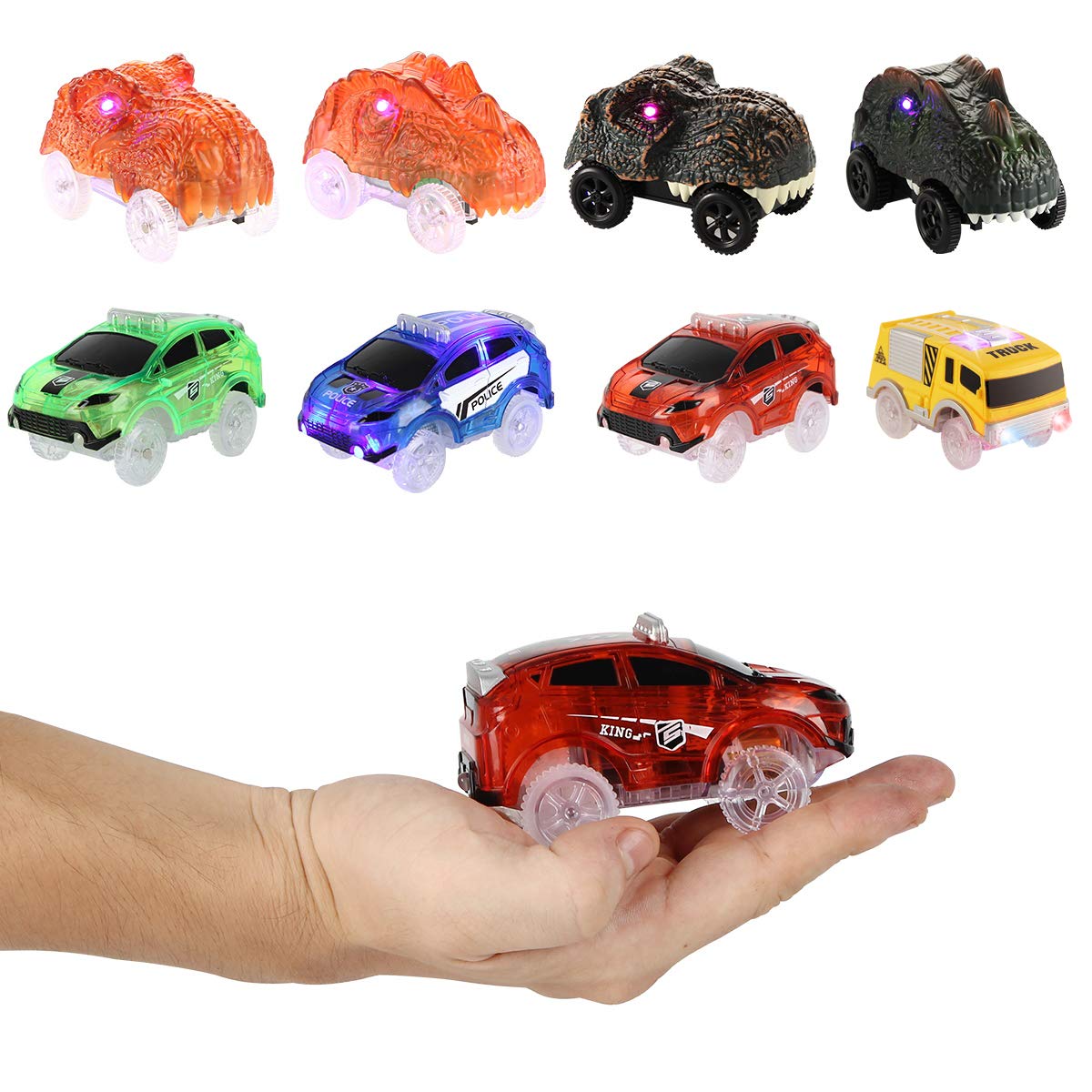 Magic Tracks Replacement Cars – Glow in the Dark Flex Track Race Cars with LED Lights (Battery Operated) – 4-Pack Snap N Glow Trax Accessories for Kids – Compatible with Most Car Track Sets – Perfect for Nighttime Racing & Indoor Play