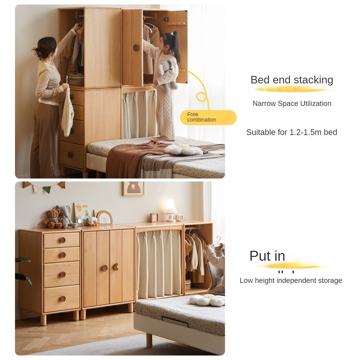 Solid Wood Beech & Rubber Kids Wardrobe - Multi-Functional Storage Cabinet for Bedroom, Nursery, and Playroom Organization