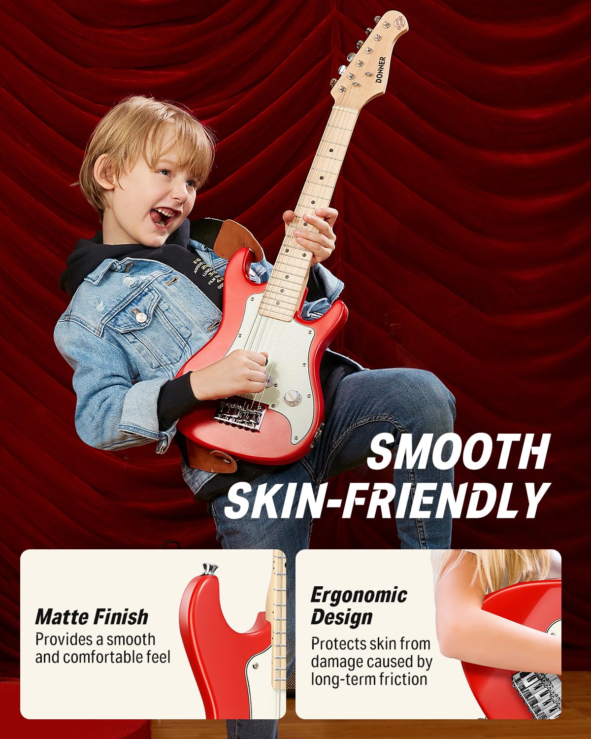 Donner 30 Inch Kids Electric Guitar Beginner Kit - ST Style Mini Electric Guitar for Boys & Girls with Amp, 600D Gig Bag, Digital Tuner, Picks, Cable, Strap & Extra Strings (DSJ-100, Red) - Perfect for Home Practice, Music Lessons & Rockstar Performances