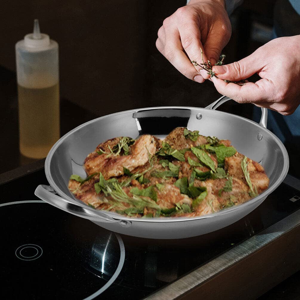 Alipis 28CM Stainless Steel Paella Pan & Wok - Double Handle Stir Fry Pan, Hot Pot, Iron Frying Pan for Chinese Cooking | Perfect for Boiling, Steaming & Stir-Frying | Ideal for Home Kitchens & Asian Cuisine
