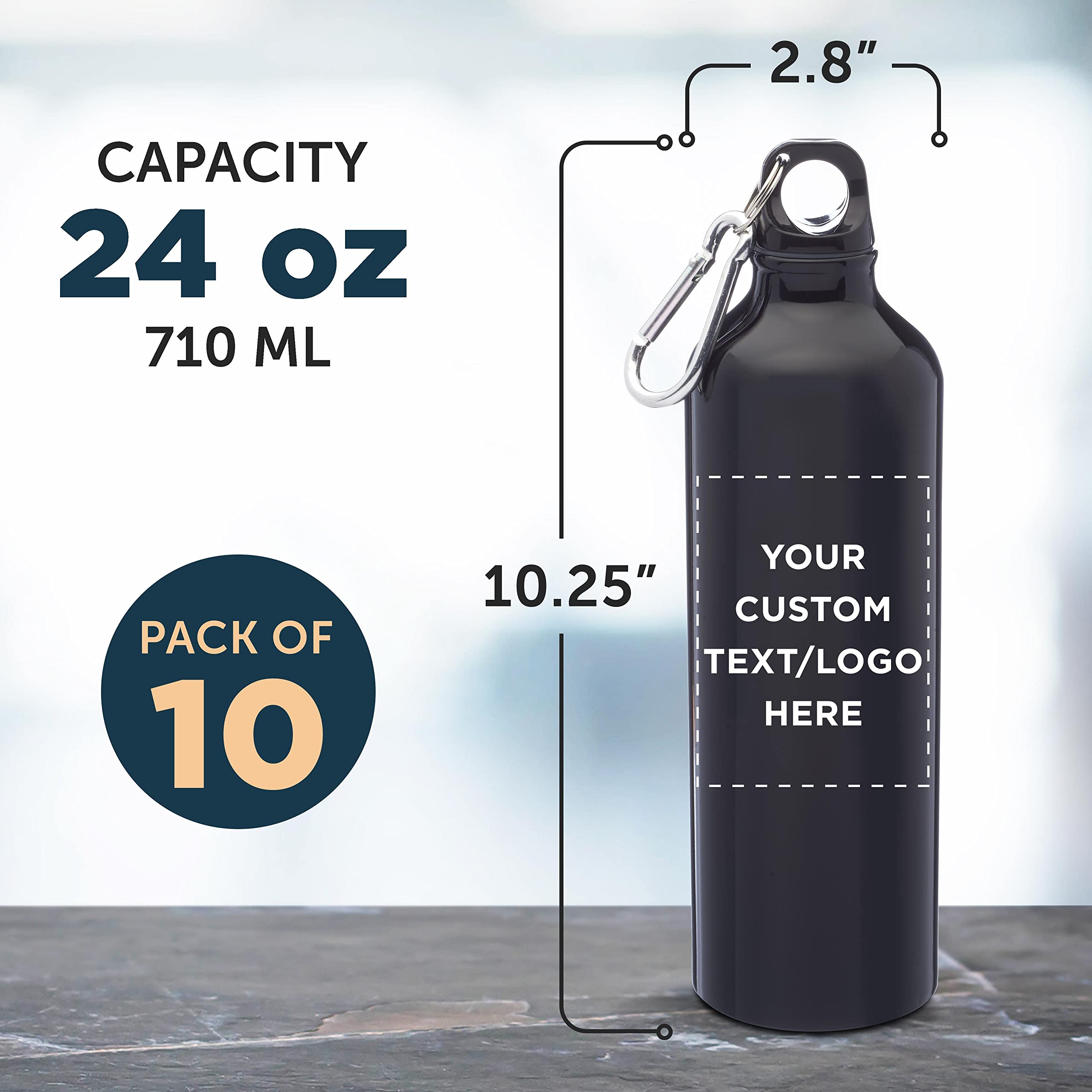 Custom 24oz Aluminum Water Bottles with Carabiner - 10 Pack Bulk Personalized Sports Bottles - Gym, Hiking, Camping, Running Accessories - Matte Black Finish - Ideal for Outdoor Activities, Team Events & Corporate Gifts