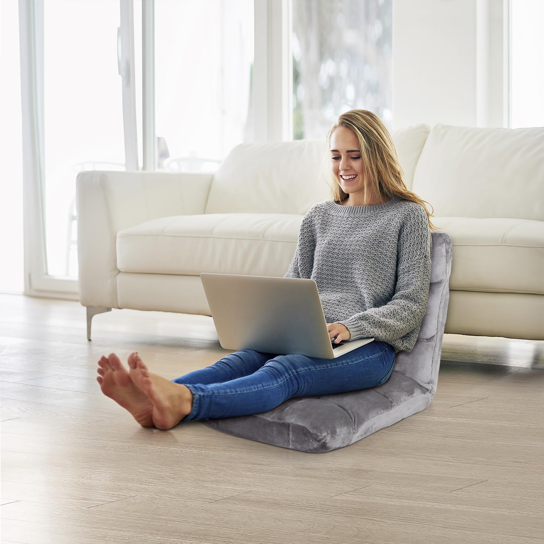 14-Position Adjustable Floor Gaming Sofa Chair - Foldable Lazy Recliner Sleeper Bed Couch for Adults & Kids - Perfect for Meditation, Reading, TV Watching & Video Games - Comfortable Grey Cushion for Living Room, Bedroom & Game Room
