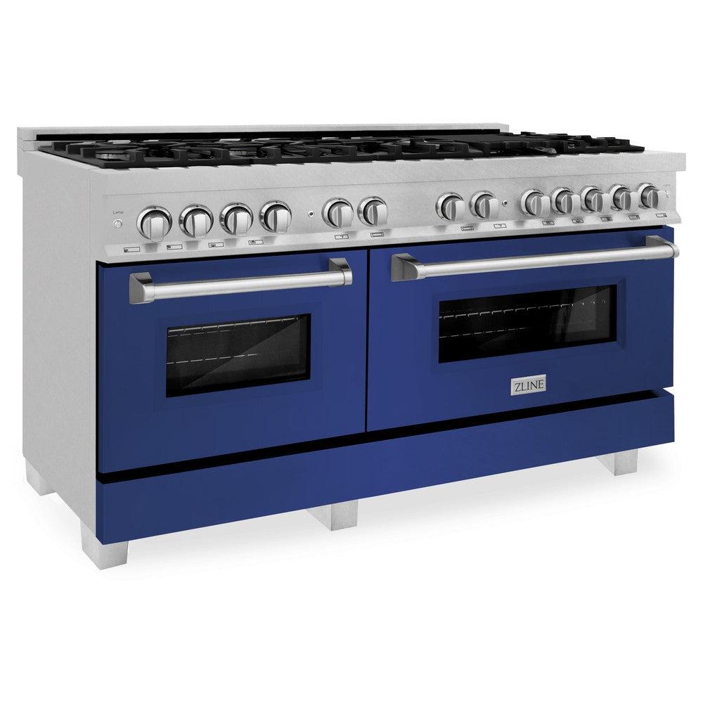 ZLINE 60-Inch 7.4 cu.ft Dual Fuel Range with 9-Burner Gas Cooktop & 2 Electric Convection Ovens - Satin Stainless Steel with Blue Matte Doors (RAS BM 60) for Professional Home Kitchens and Gourmet Cooking