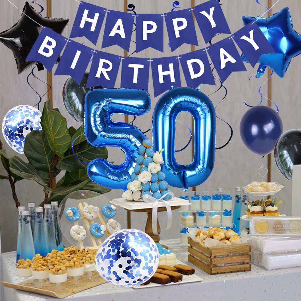 50th Birthday Decorations for Men - Blue Happy Birthday Banner with Number 50 Foil Balloon - Perfect for 50th Anniversary Party Decor & Backdrop - Ideal for Milestone Celebrations, Retirement Parties & Special Occasions