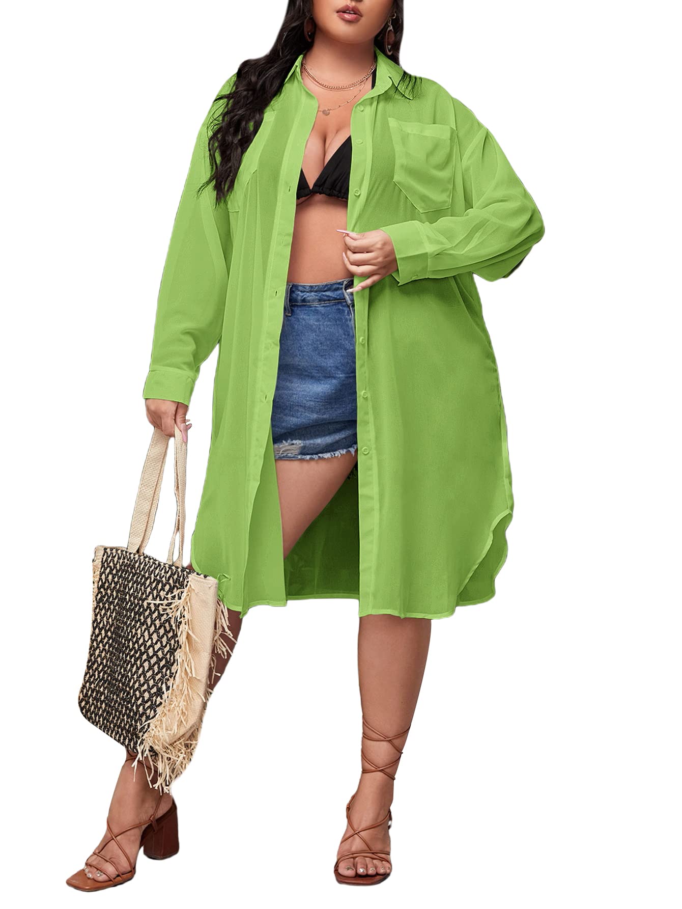OYOANGLE Women's Plus Size Chiffon Button Down Blouse - Elegant Long Sleeve Shirt Dress for Work & Casual Wear | Office Outfit, Party Attire & Daily Fashion