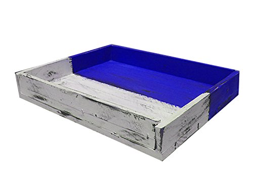 Vintage Distressed Wood Serving Tray - 20x14 Inch Two-Tone White & Royal Blue - Rustic Ottoman Cottage Style Display Tray for Coffee Table, Breakfast in Bed, Home Decor