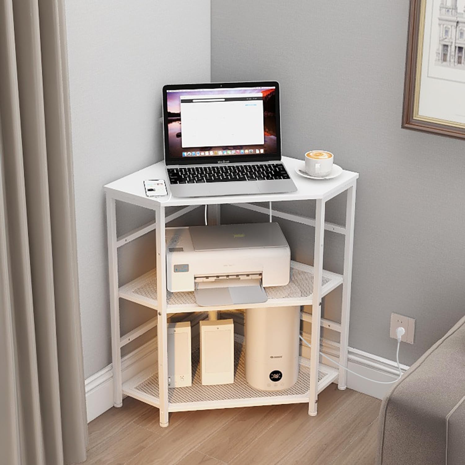 VEDECASA Corner Printer Stand with Power Outlet & USB Ports - Adjustable Storage Shelf & CPU Tower Holder - White Home Office Desk Organizer for Printer, Computer & Charging Devices