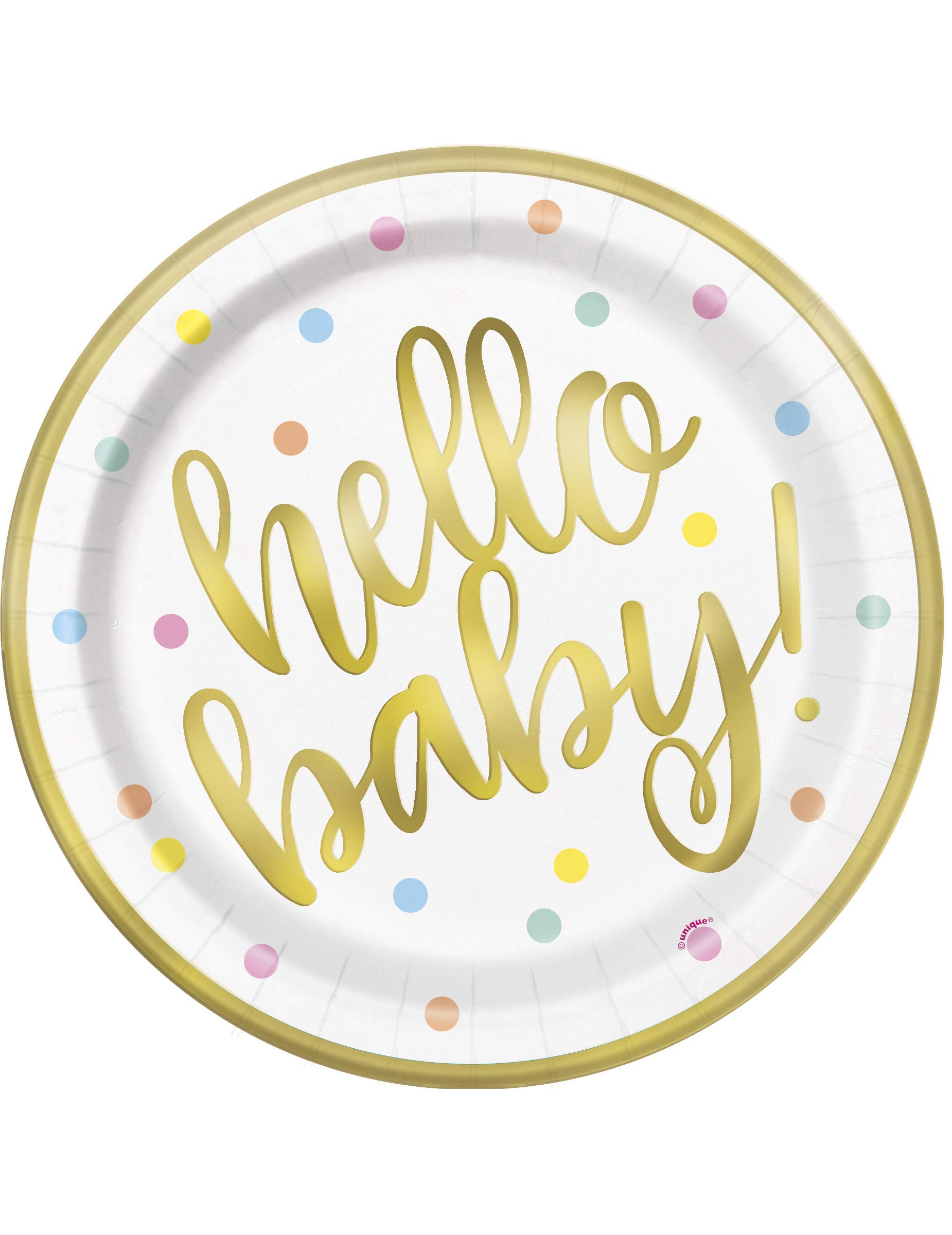 73525 - Gold Foil Hello Baby Shower Paper Plates (Pack of 8) - Elegant Baby Shower, Gender Reveal & Birthday Party Tableware