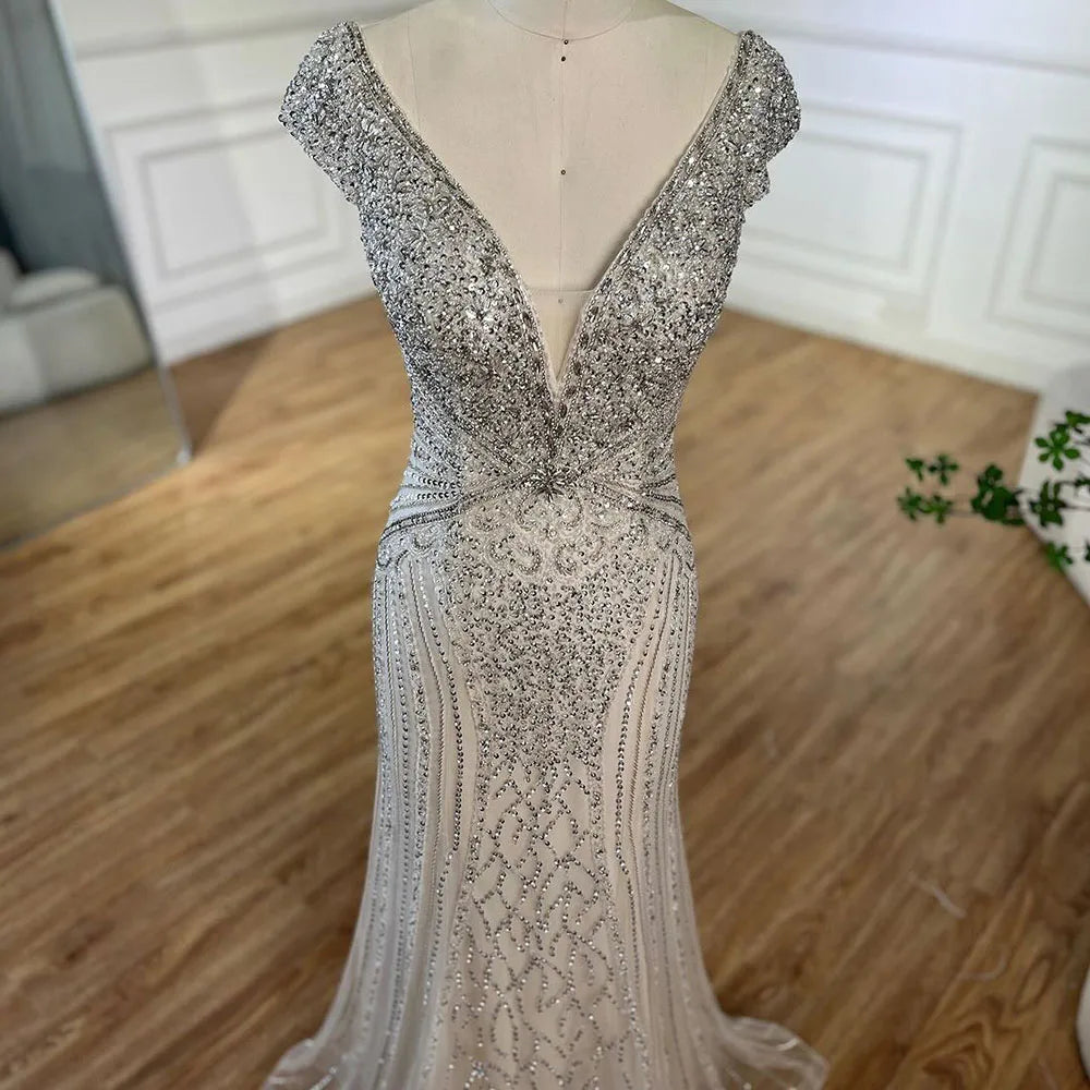Elegant Beige Sleeveless Mermaid Evening Dress with Beaded Arabic Design for Women - Dubai Serene Hill LA72456 | Perfect for Wedding Parties, Formal Events & Special Occasions 2025