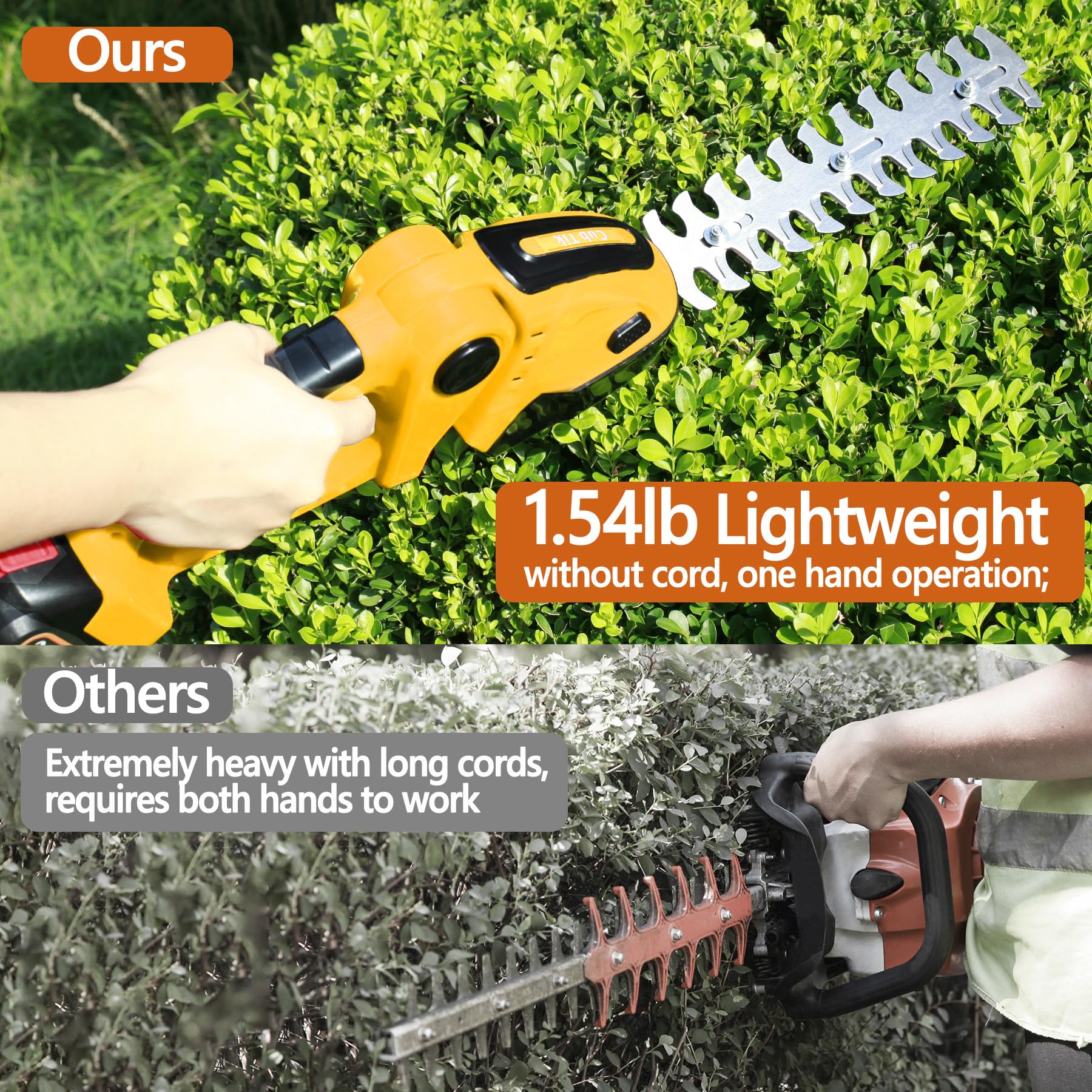 21V Cordless Hedge Trimmer with Battery & Charger - 2-in-1 Electric Brush & Shrub Trimmer, Handheld Mini Grass Shears for Lawn & Garden Care | Perfect for Landscaping, Yard Maintenance & DIY Gardening (Yellow)