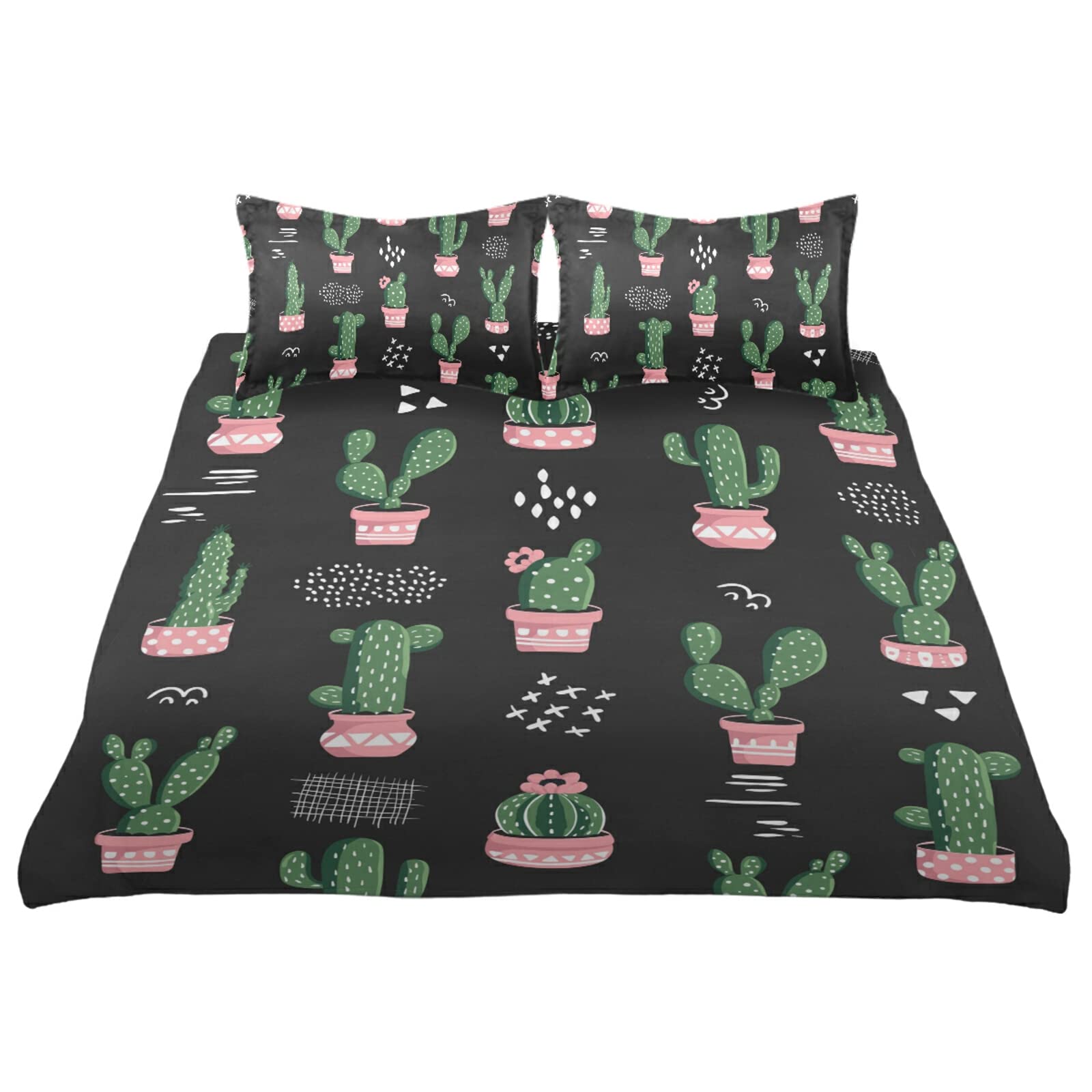 Poeticcity 3-Piece Kids Bedding Set - Seamless Green Cactus Print on Black, 100% Cotton Duvet Cover with Pillowcases | Soft & Comfortable for Children's Room, Nursery Decor, Birthday Gift