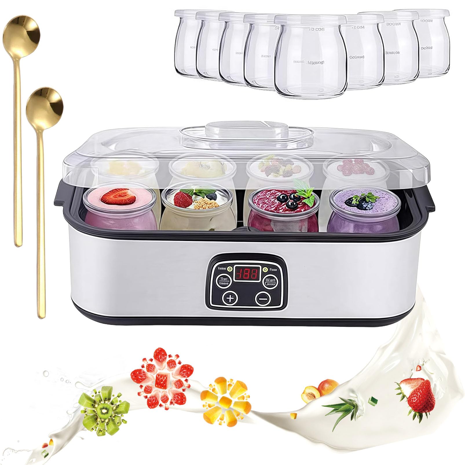 Automatic Digital Yogurt Maker Machine with 8 Glass Jars - Adjustable Temperature & 36-Hour Timer Control for Homemade Probiotic Yogurt - Perfect for Healthy Breakfast, Snacks & Family Nutrition
