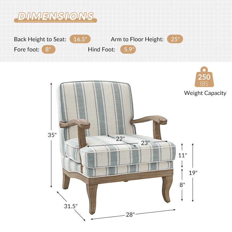 Randolph Romantic Upholstered Stripes Armchair with Solid Wood Armrests - Comfortable Living Room Accent Chair for Home Decor & Relaxation