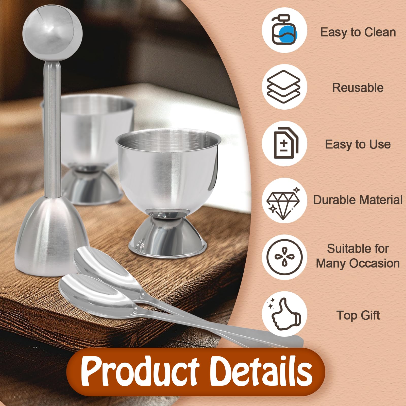 Premium Stainless Steel Egg Cups & Cracker Set - 5-Piece Kit with Egg Topper Cutter, 2 Egg Holders & 2 Spoons - Perfect for Soft Boiled Eggs Breakfast, Brunch & Easter Decorations