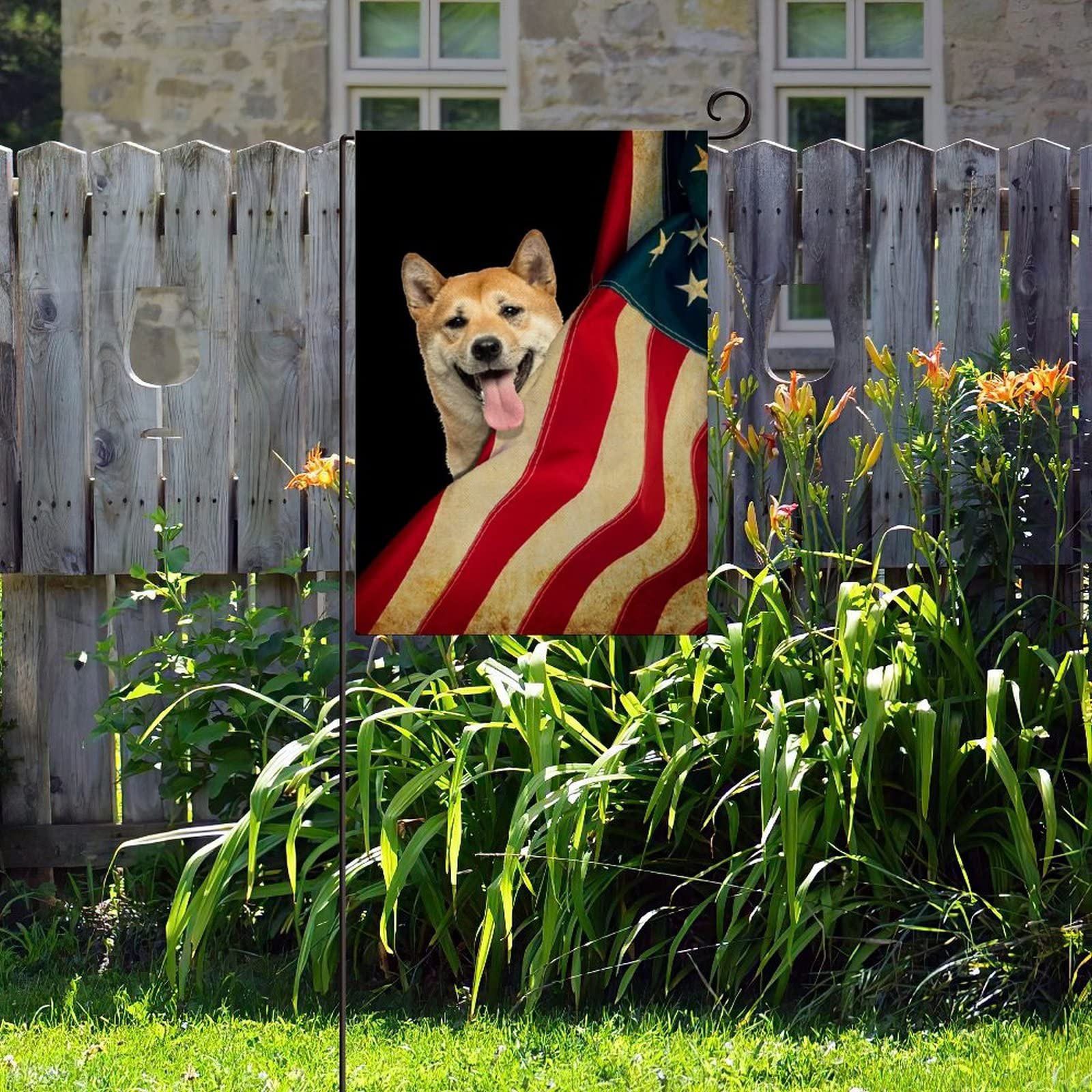 Double-Sided American Flag with Shiba Inu - 12.5x18.5 Inch Vertical Burlap Garden Flag for Outdoor Yard Decor, Farmhouse & Seasonal Holiday Banner | Perfect for Patio, Front Porch, and Home Entrance Welcome Sign
