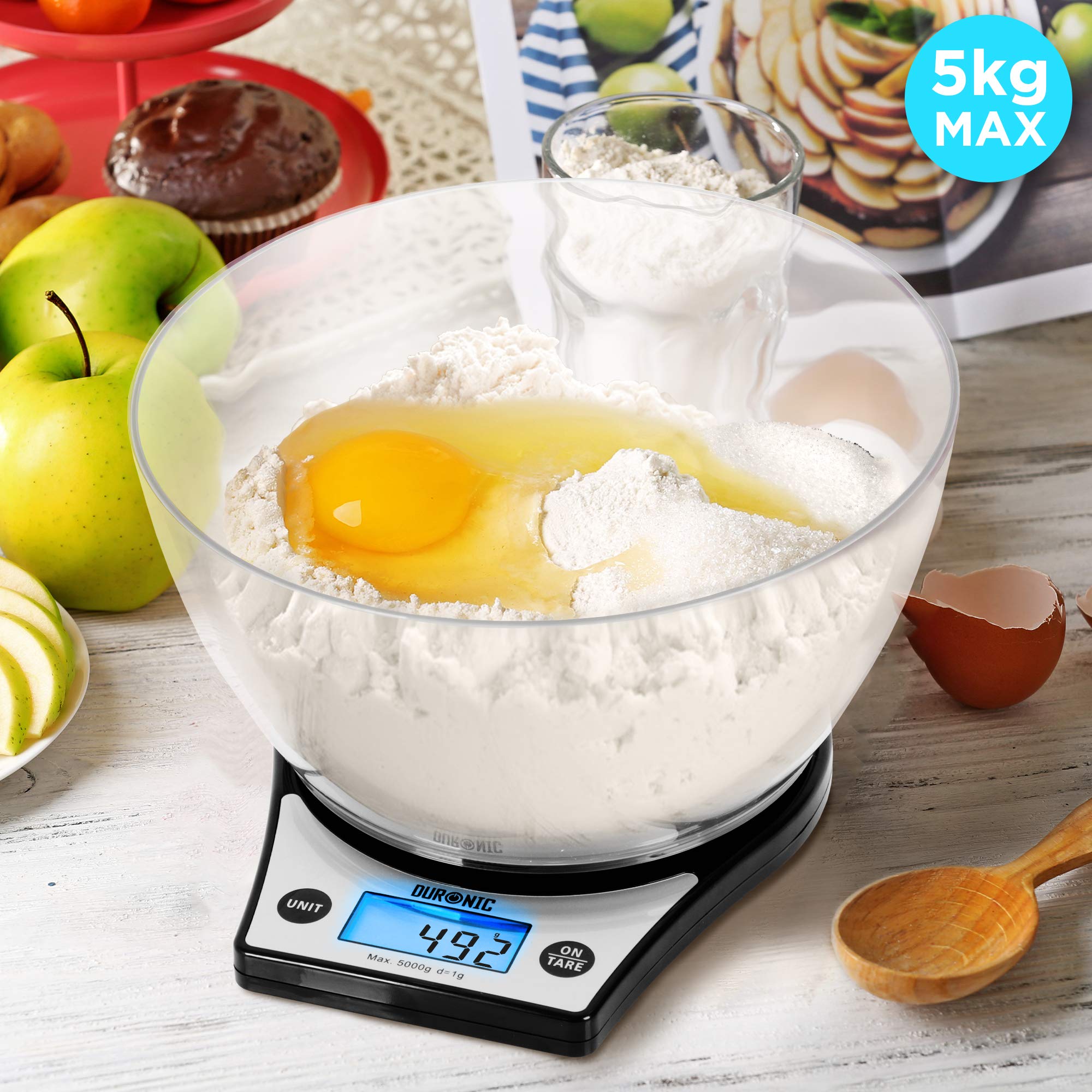 Duronic KS6000 Digital Kitchen Scale with Bowl - Precision Electronic Food Scale for Cooking, Baking, Pet Food & Postal Weighing - Backlit LCD Display - Perfect for Home Kitchen, Bakeries & Pet Owners