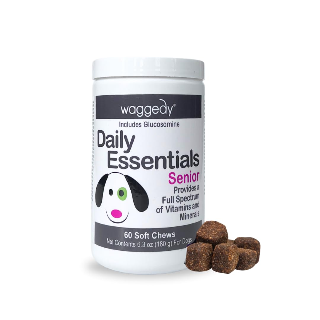 Waggedy Daily Essentials Senior Soft Chews with Glucosamine for Dogs - Digestive Support & Joint Health Supplement - Multivitamin Treats for Overall Wellness - Senior Dog Vitamins (60 Chews) - Perfect for Aging Dogs with Mobility or Digestion Issues