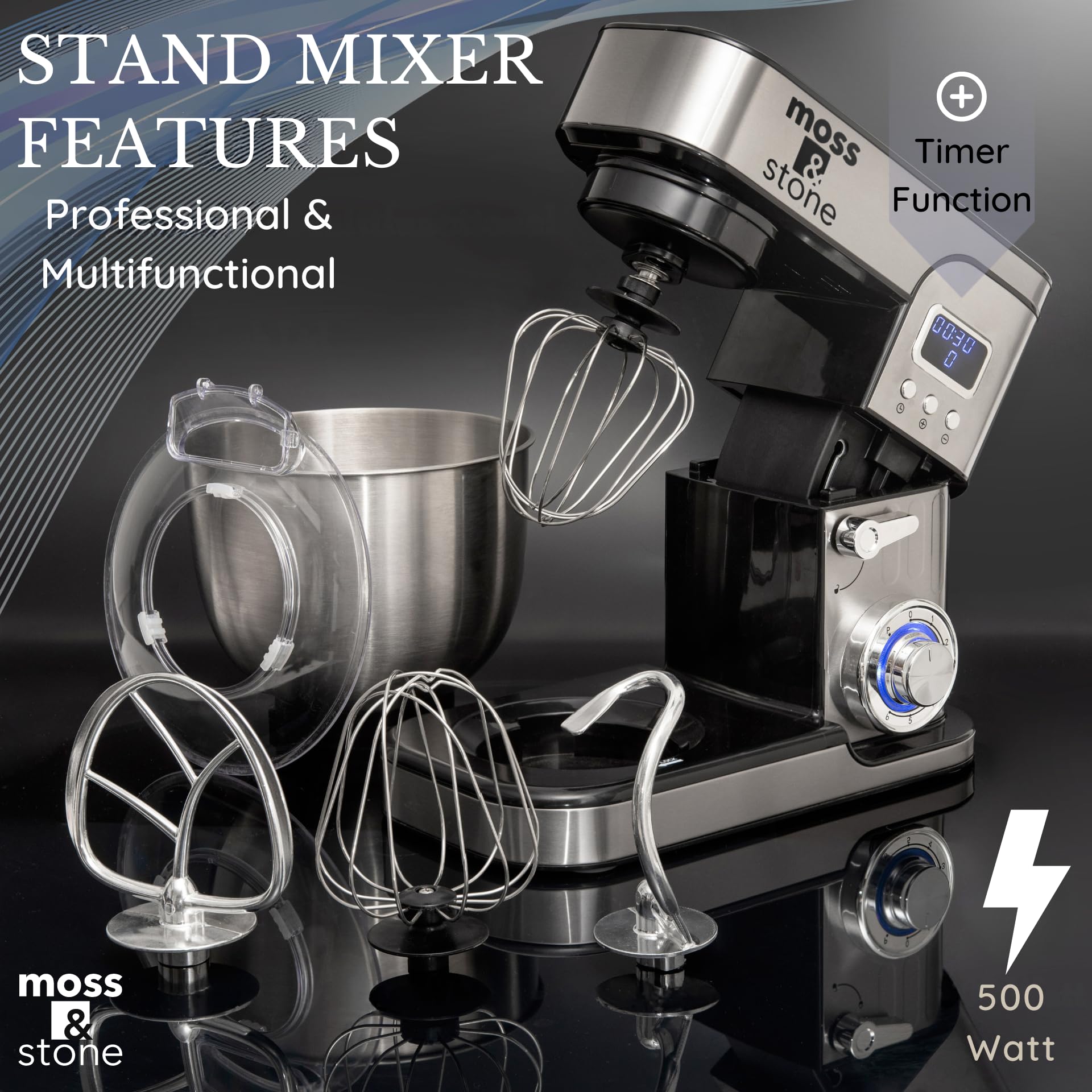 6-Speed Stand Mixer with LCD Display & 5.5QT Stainless Bowl - Includes Dough Hook, Egg Whisk, Beater & Spatula - Perfect for Baking Cakes, Cookies, Bread & Pastries - Kitchen Electric Mixer with Timer for Home Bakers