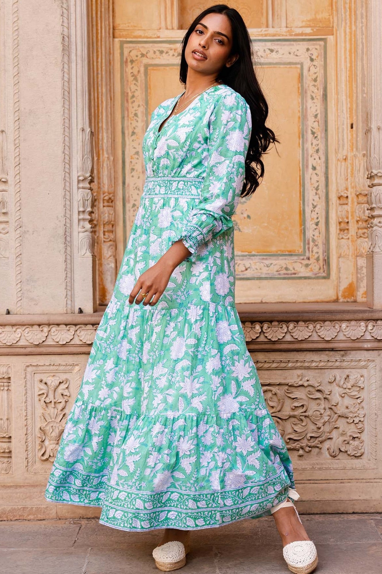Billie Organic Cotton Block Print Dress - Lotus Green & Blue | Boho Chic Summer Dress for Women | Perfect for Beach, Vacation & Casual Outings