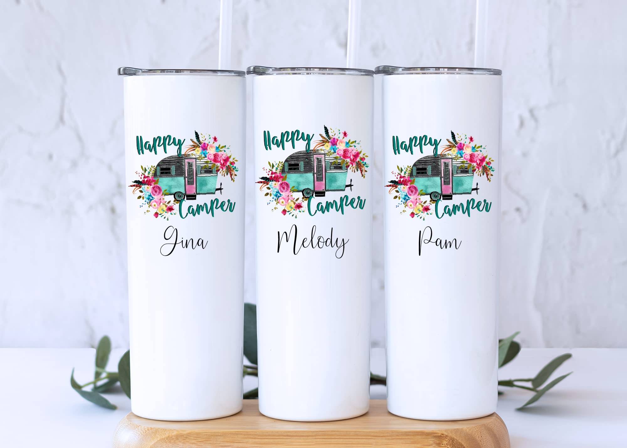 AVITO Personalized Happy Camper Tumbler - 20oz Vacuum Insulated Stainless Steel Travel Mug with Lid & Straw - Custom Camping Gift for Women - Perfect for Outdoor Adventures, Road Trips & Picnics
