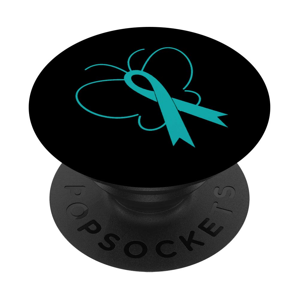 Ovarian Cancer Awareness Teal Ribbon Butterfly Shirt & PopSockets PopGrip - Swappable Phone & Tablet Grip for Supporters - Perfect for Fundraisers, Survivor Events & Daily Wear
