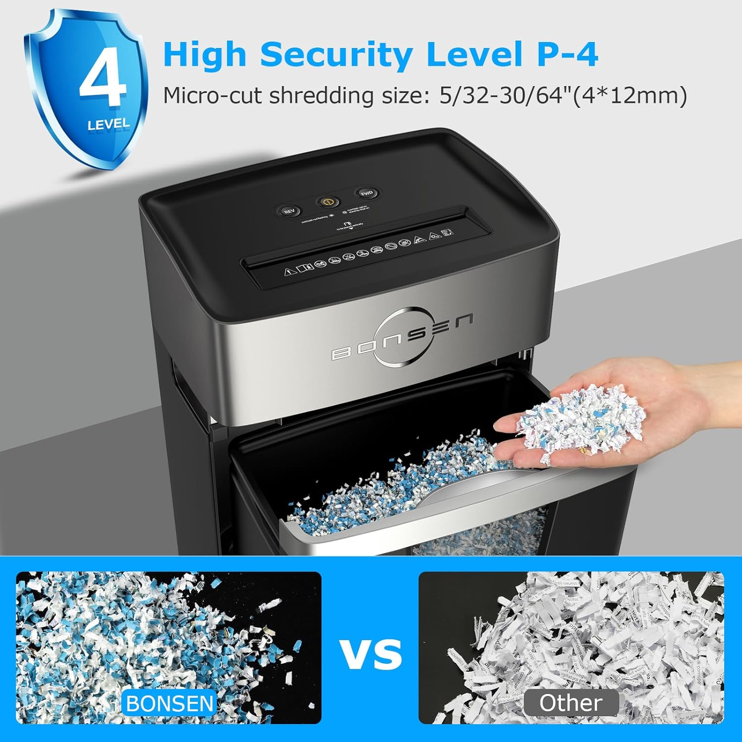 BONSEN 12-Sheet Micro Cut Paper Shredder - P-4 High Security Level for Home & Office Use | Ultra Quiet 55dB | 40-Minute Run Time | Shreds Credit Cards & Staples | 5.3-Gallon Pullout Bin | Perfect for Confidential Document Destruction & Small Office Organization