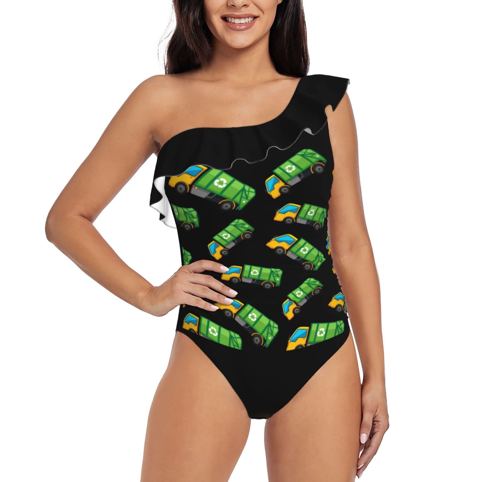 Cartoon Garbage Truck Print Women's One Piece Swimsuits - One Shoulder Ruffle Bathing Suit with Tummy Control | Beach Vacation, Pool Party, Summer Fun