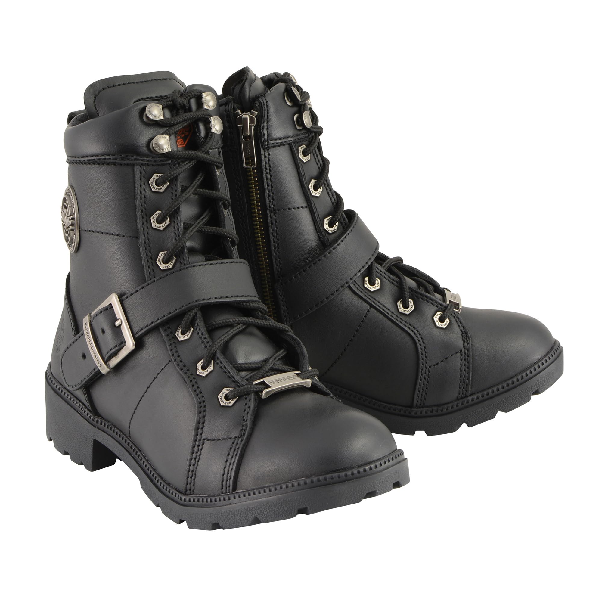Milwaukee Leather Women's Black Leather Wide Width Lace-Up Side Buckle Boots MBL9325W - Comfortable Round Toe Riding Boots for Western Fashion & Outdoor Activities