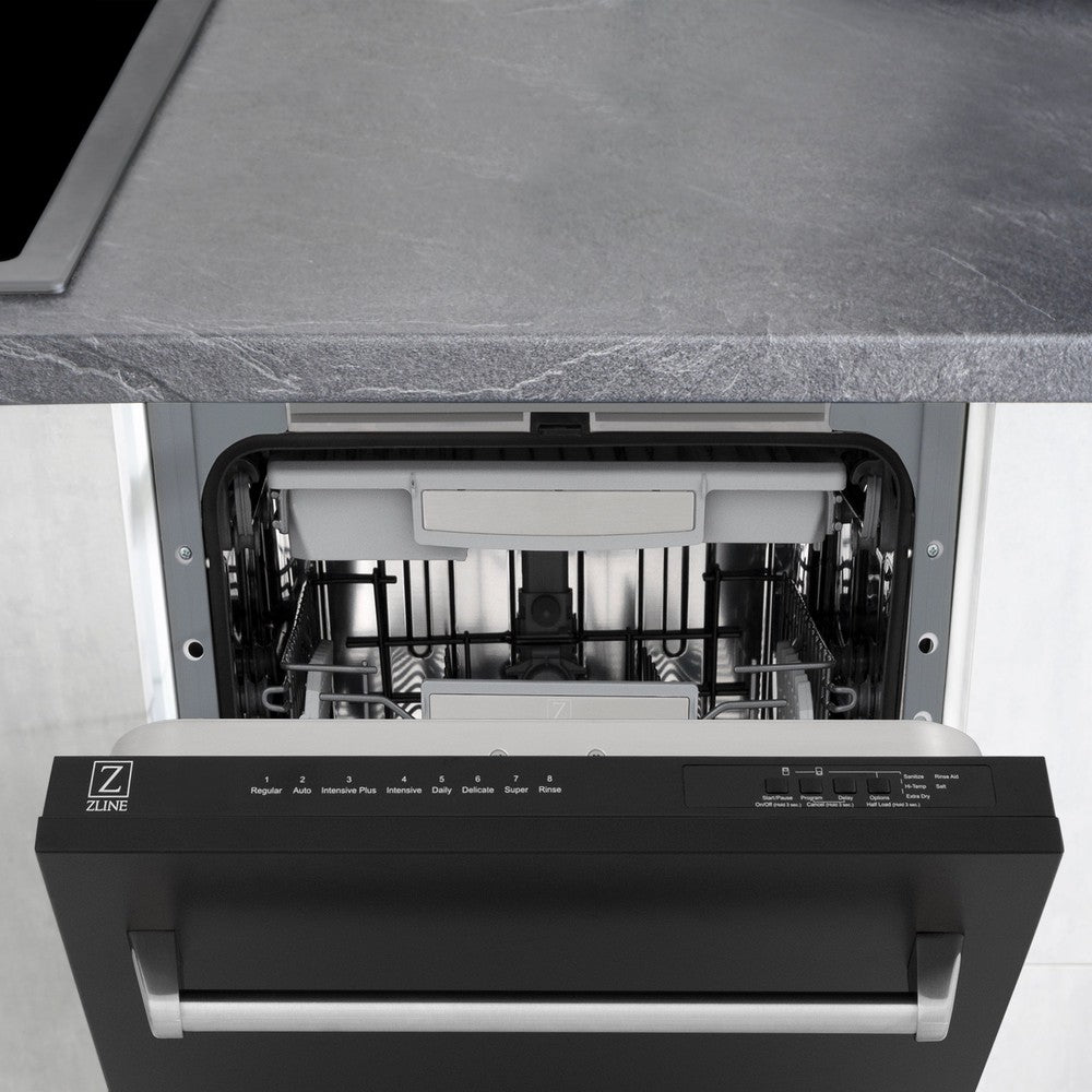 ZLINE 18 Inch Tallac Series 3rd Rack Top Control Dishwasher - Stainless Steel Tub & Black Matte Panel, 51dBa (DWV BLM 18) | Perfect for Modern Kitchens, Small Spaces & Energy-Efficient Homes