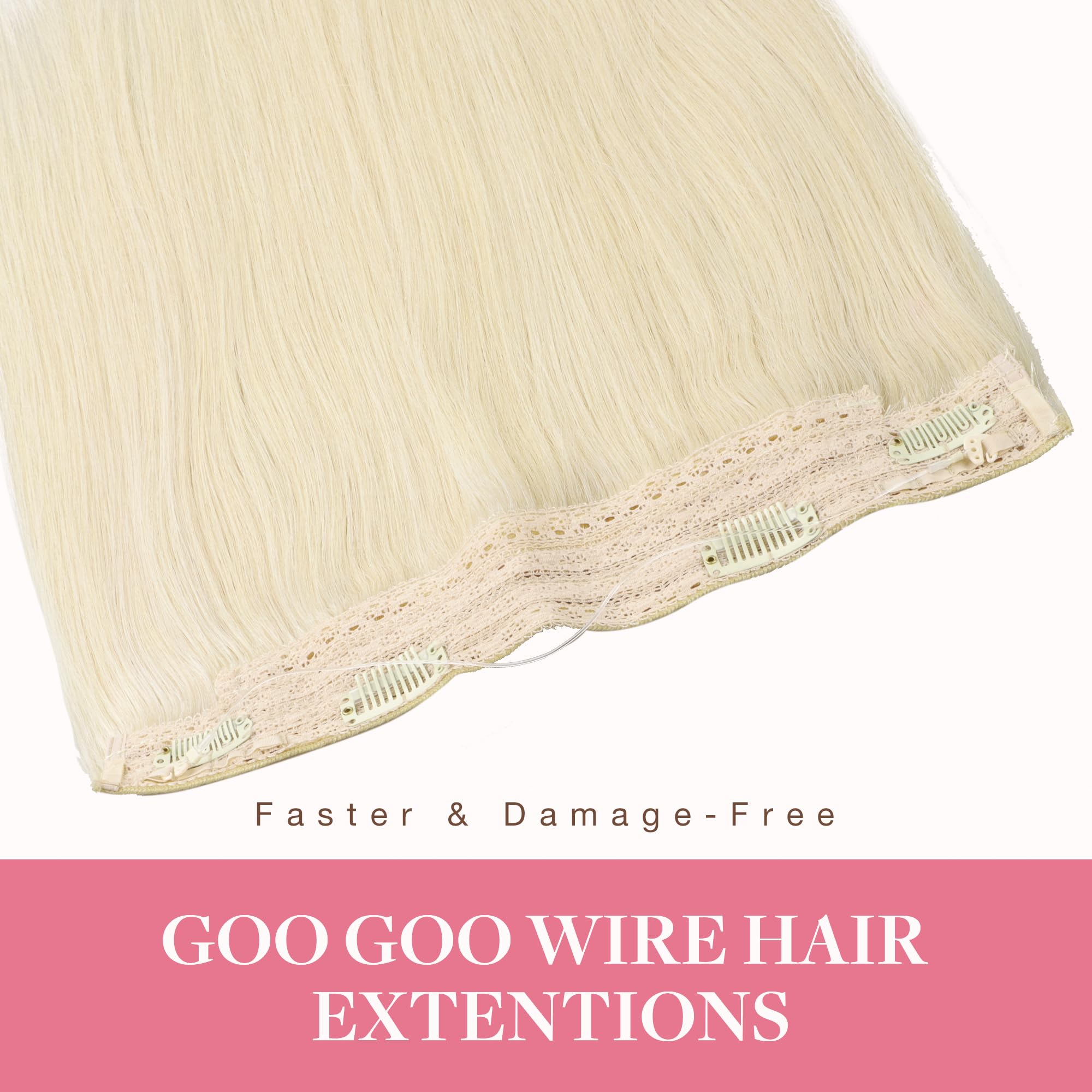 GOO GOO 20Inch 60C Platinum Blonde Human Hair Extensions - 110g Invisible Wire Hairpiece with Transparent Seamless Fish Line for Natural Look | Perfect for Weddings, Parties & Daily Styling